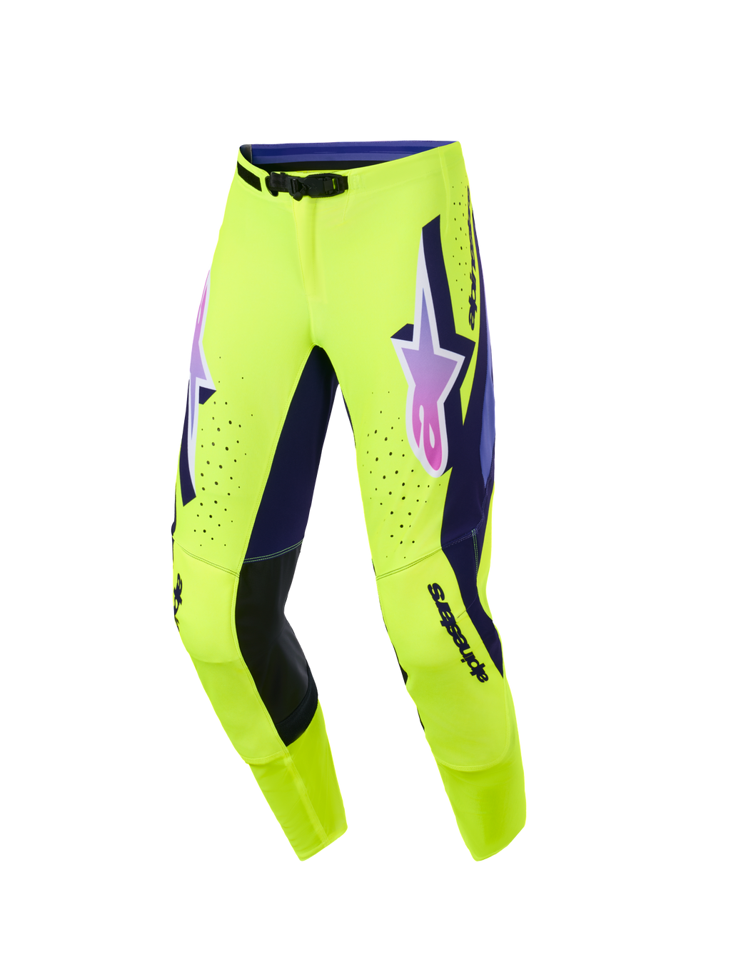 Alpinestars 2026 Supertech Vista bukser, motocrossbukser, lysende gul med lilla og sorte detaljer, pink og lilla gradueret Alpinestars-logo på lårene, laserskårne perforationer til ventilation, atletisk race-pasform til terrængående ydeevne