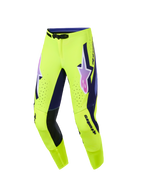 Alpinestars 2026 Supertech Vista bukser, motocrossbukser, lysende gul med lilla og sorte detaljer, pink og lilla gradueret Alpinestars-logo på lårene, laserskårne perforationer til ventilation, atletisk race-pasform til terrængående ydeevne