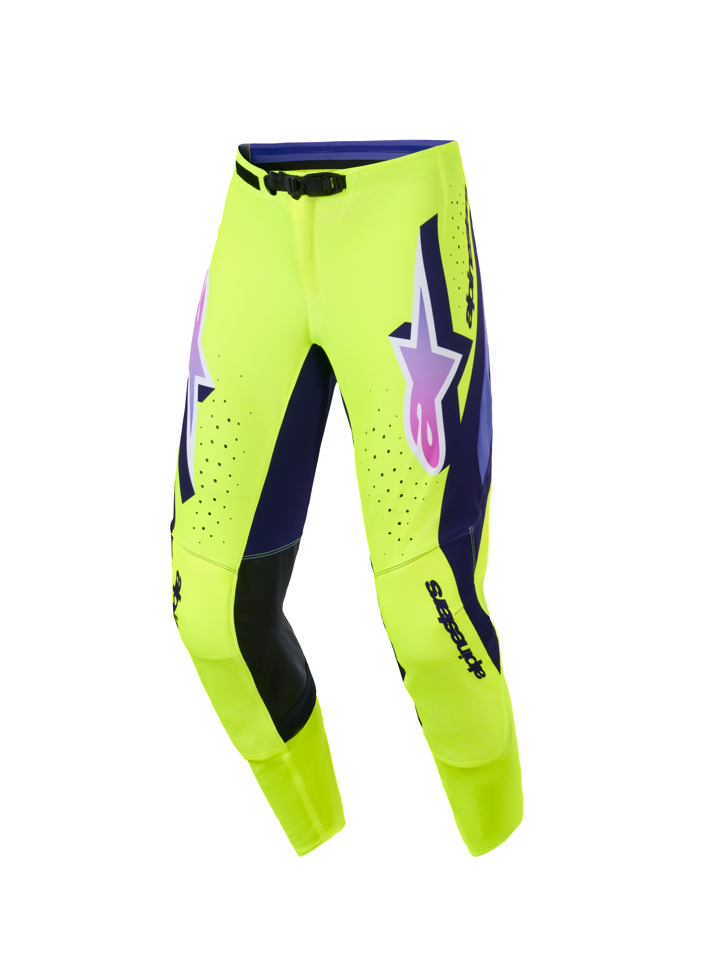 Alpinestars 2026 Supertech Vista bukser, motocrossbukser, lysende gul med lilla og sorte detaljer, pink og lilla gradueret Alpinestars-logo på lårene, laserskårne perforationer til ventilation, atletisk race-pasform til terrængående ydeevne