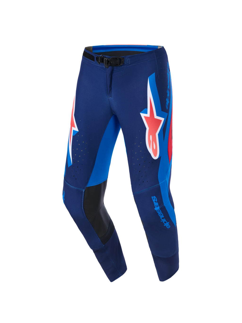 Alpinestars 2026 Supertech Vista bukser, motocrossbukser, mørkeblå med koralrøde og koboltblå detaljer, stort koralfarvet Astars-logo på lårene, lyseblå sidepaneler, indvendige knæforstærkninger i sort læder, laserskårne perforeringer til ventilation, designet til toppræstationer.