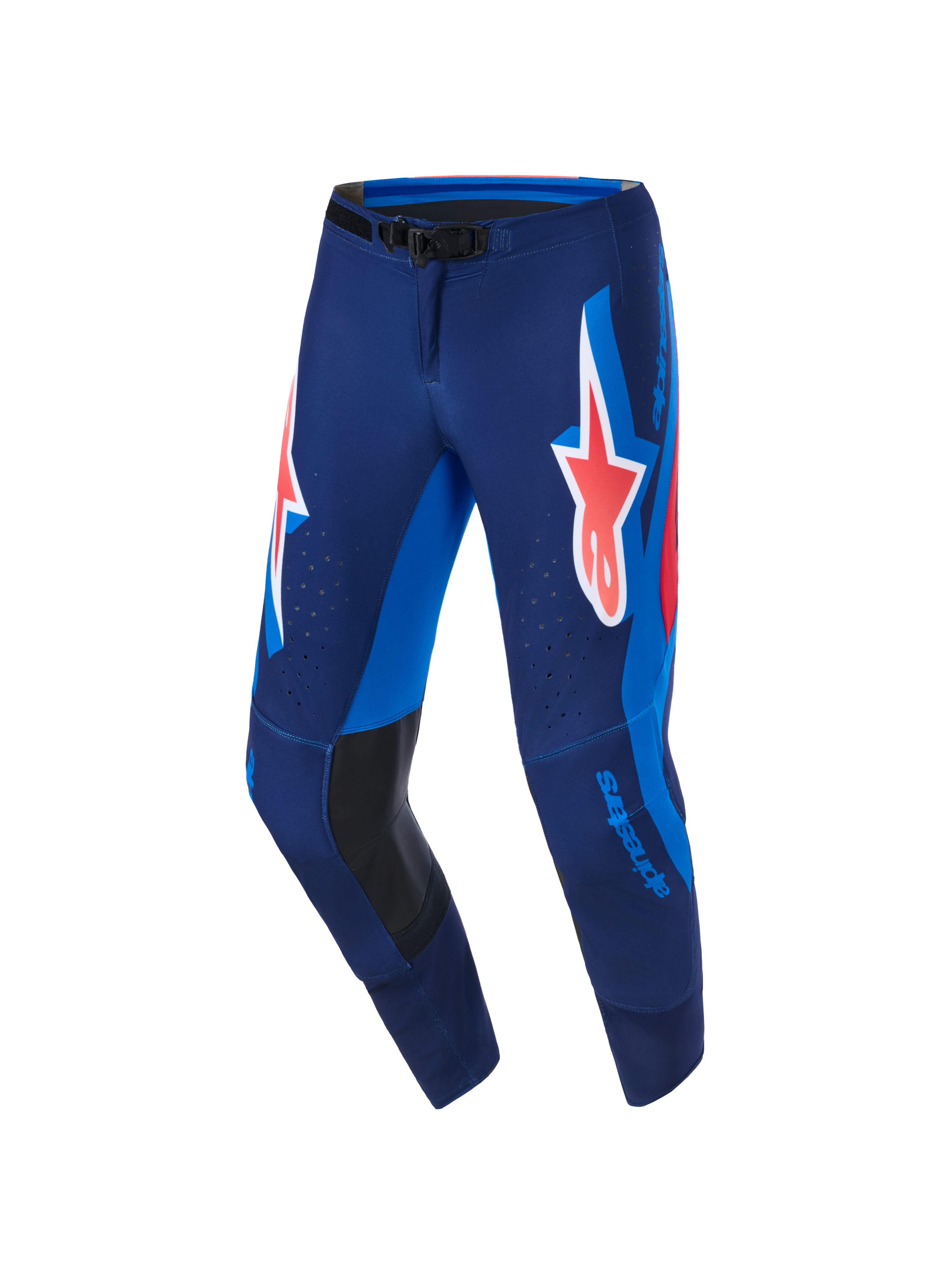 Alpinestars 2026 Supertech Vista bukser, motocrossbukser, mørkeblå med koralrøde og koboltblå detaljer, stort koralfarvet Astars-logo på lårene, lyseblå sidepaneler, indvendige knæforstærkninger i sort læder, laserskårne perforeringer til ventilation, designet til toppræstationer.