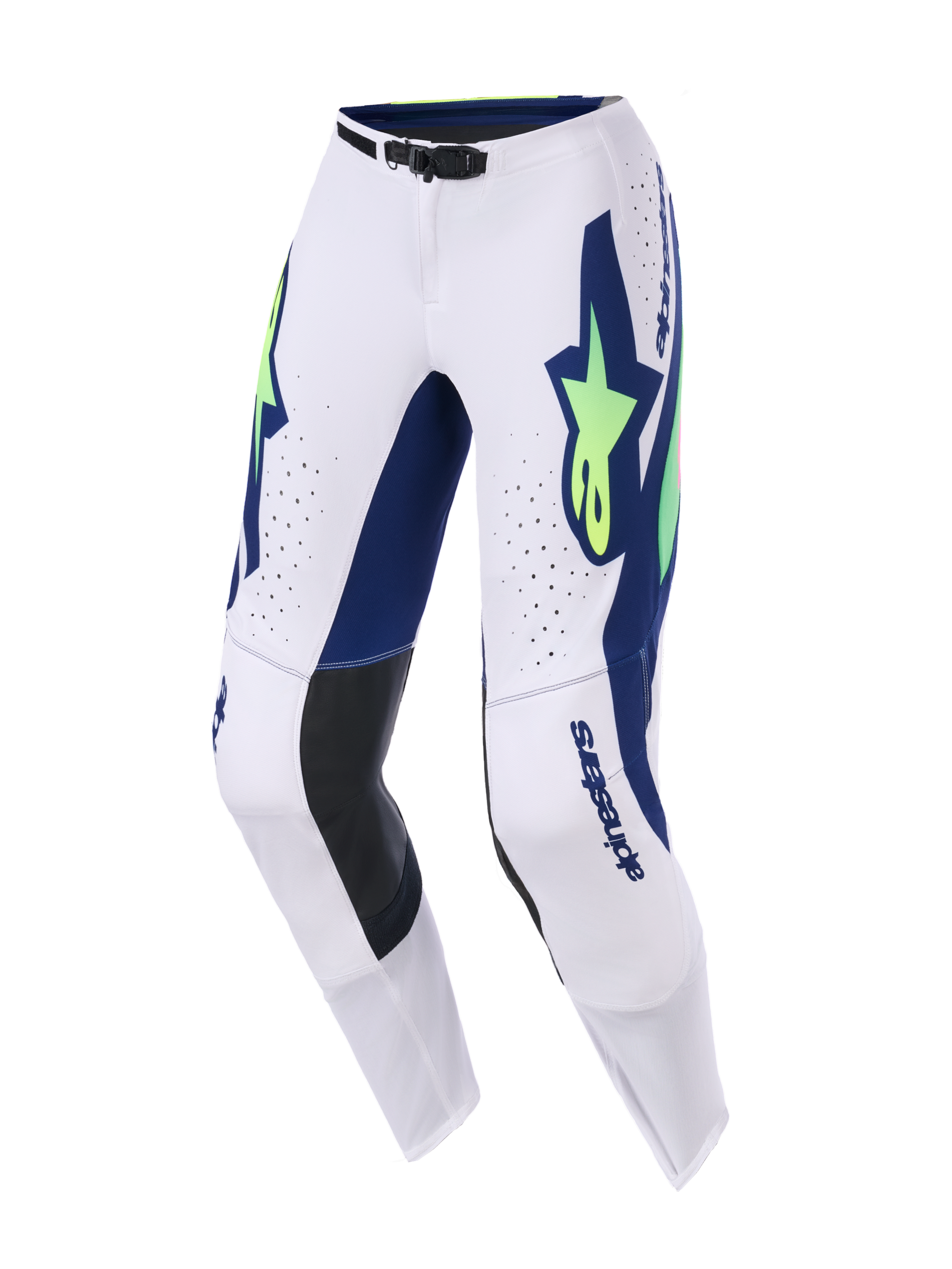 Alpinestars 2026 Supertech Vista bukser, motocrossbukser, lysegrå, neongul og blå, med markante blå og neongule logoer, laserskårne perforeringer til ventilation, sorte læderpaneler på knæene og et sikkert magnetisk taljespænde.