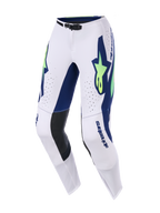 Alpinestars 2026 Supertech Vista bukser, motocross-bukser, lys grå, fluoriserende gul og blå, markant blå grafik med neongule stjernelogoer, sorte indvendige knæpaneler i læder, laserskårne ventilationshuller, strømlinet atletisk pasform til terrænkørsel