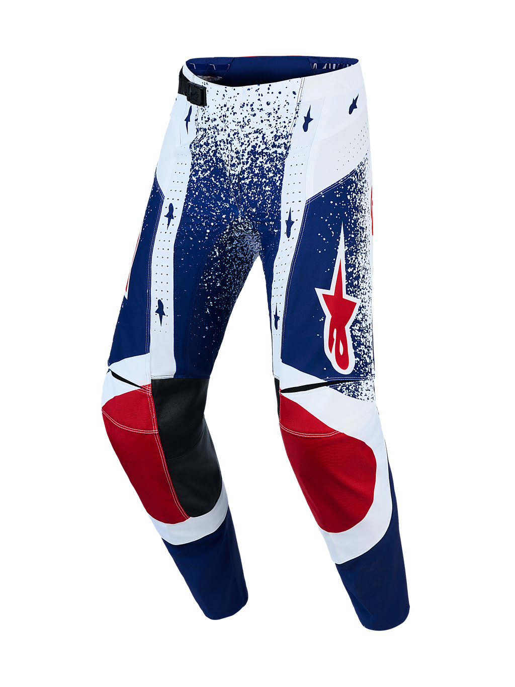 Alpinestars Limited Edition Techstar Unity Pants, blue and white motocross racing pants with red star accents.