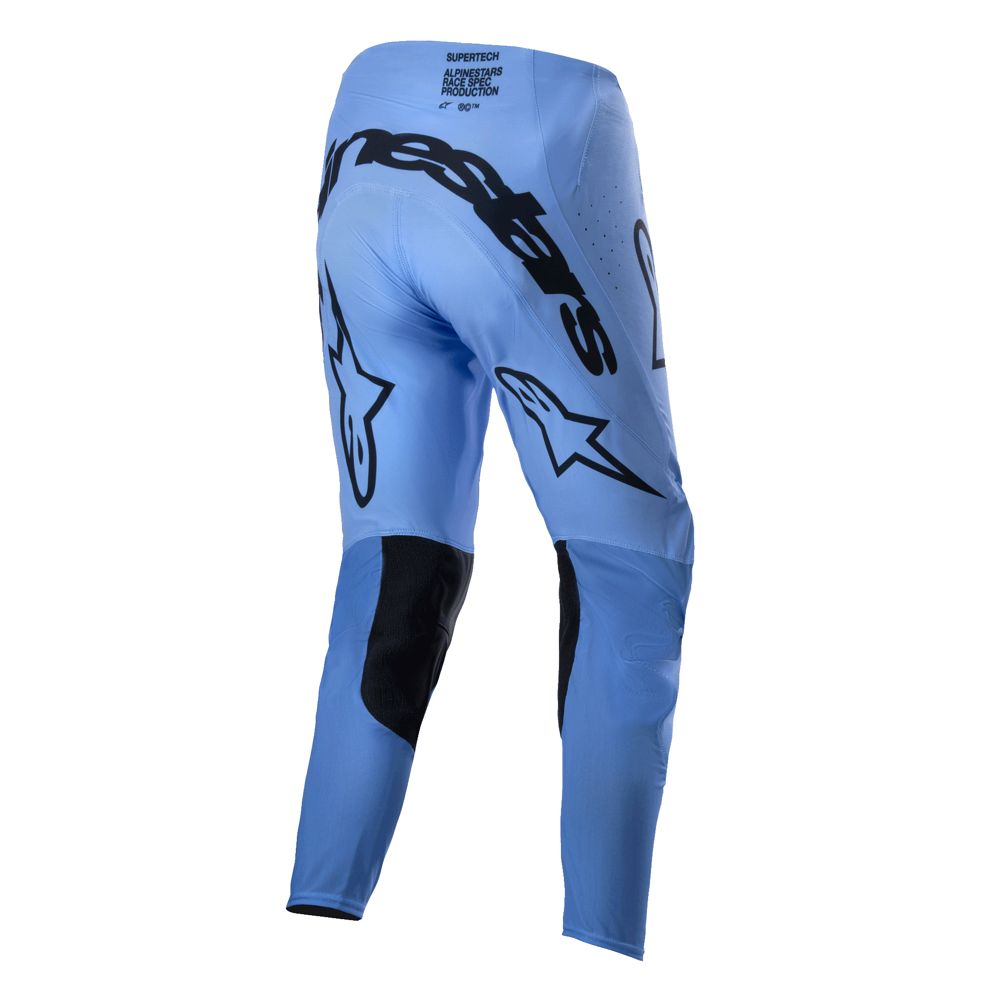 Alpinestars 2024 Supertech Dade bukser, motocross-bukser, lyseblå, set bagfra med stort sort Alpinestars-logo over bagen, stjernelogoer bag på benene, sorte forstærkede indvendige knæpaneler og perforerede ventilationszoner.