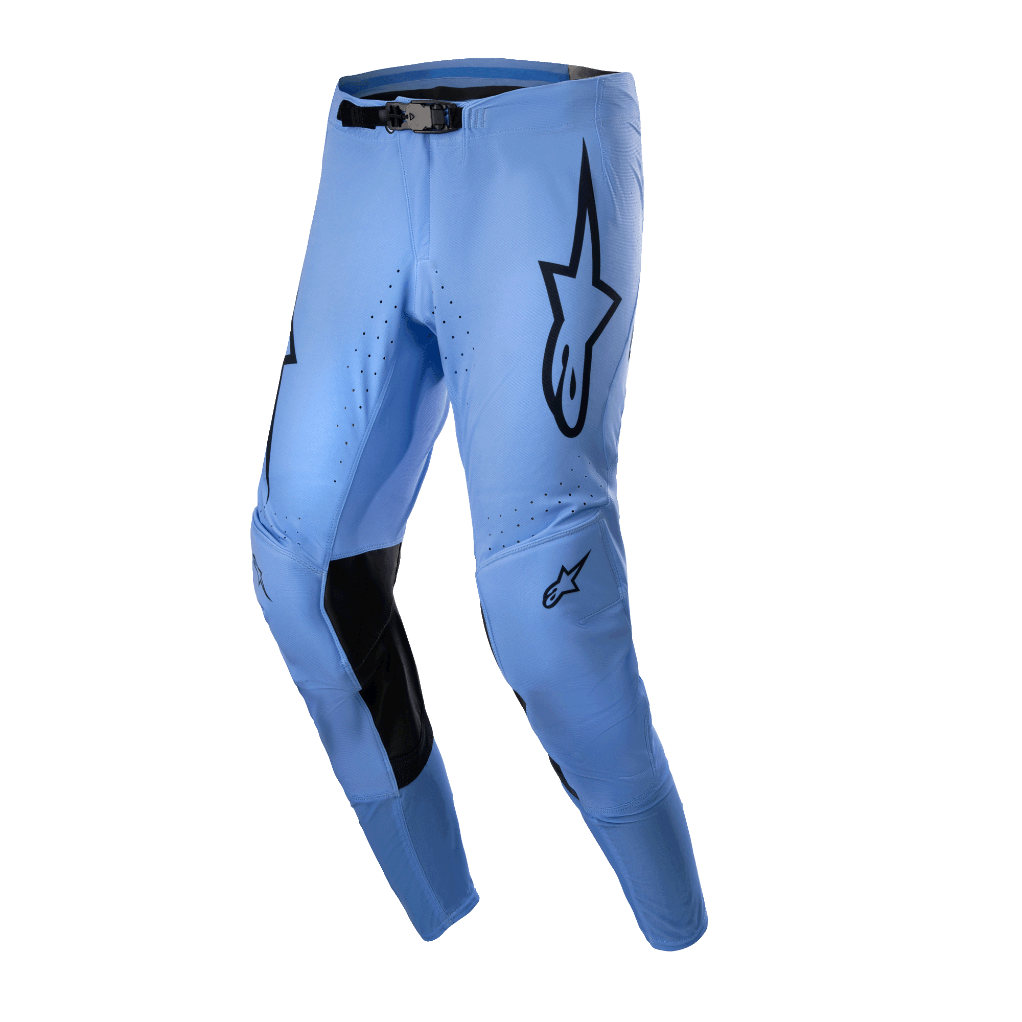 Alpinestars 2024 Supertech Dade bukser, motocross-bukser, lyseblå, med sorte stjernelogoer på lårene, sorte indvendige knæforstærkninger, perforerede ventilationshuller og et atletisk race-fit design til off-road performance
