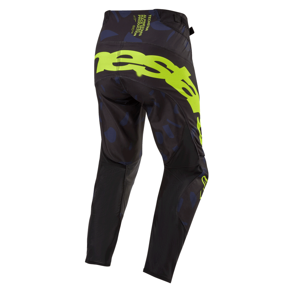 Alpinestars 2024 Techstar Rantera bukser, motocross-bukser, sort, navy og neongul, set bagfra med iøjnefaldende neongul branding på sædet, navy-mønstrede paneler og teknisk sort stof til off-road racing-ydeevne