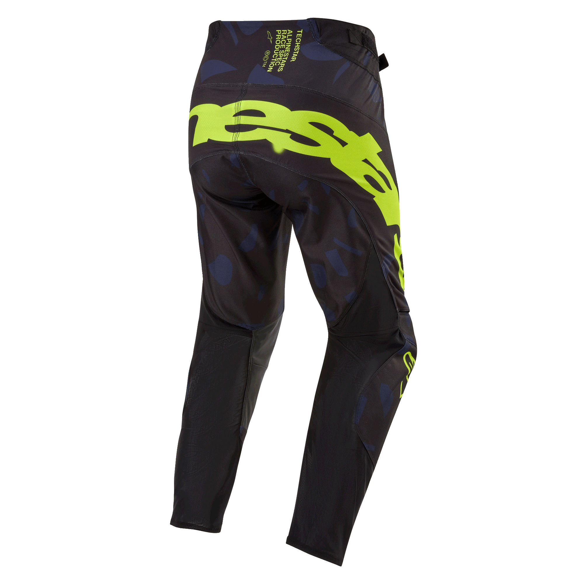 Alpinestars 2024 Techstar Rantera bukser, motocross-bukser, sort, navy og neongul, set bagfra med iøjnefaldende neongul branding på sædet, navy-mønstrede paneler og teknisk sort stof til off-road racing-ydeevne