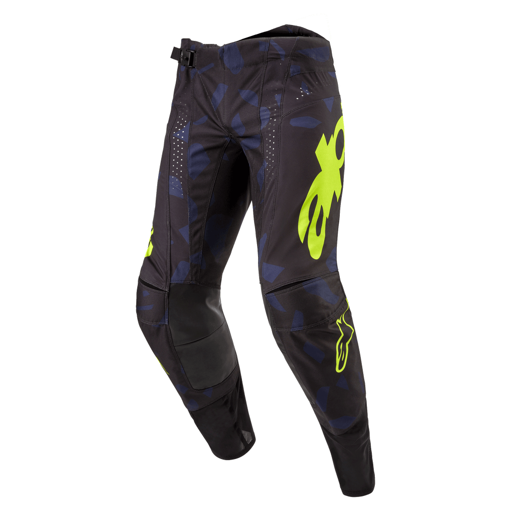 Alpinestars 2024 Techstar Rantera bukser, motocrossbukser, sort navy og gul fluo, med markant gult logo, laserskårne perforeringer til luftgennemstrømning og forstærkede knæpaneler, racing-inspireret design til motocross-performance