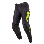 Alpinestars 2024 Techstar Rantera bukser, motocrossbukser, sort navy og gul fluo, med markant gult logo, laserskårne perforeringer til luftgennemstrømning og forstærkede knæpaneler, racing-inspireret design til motocross-performance