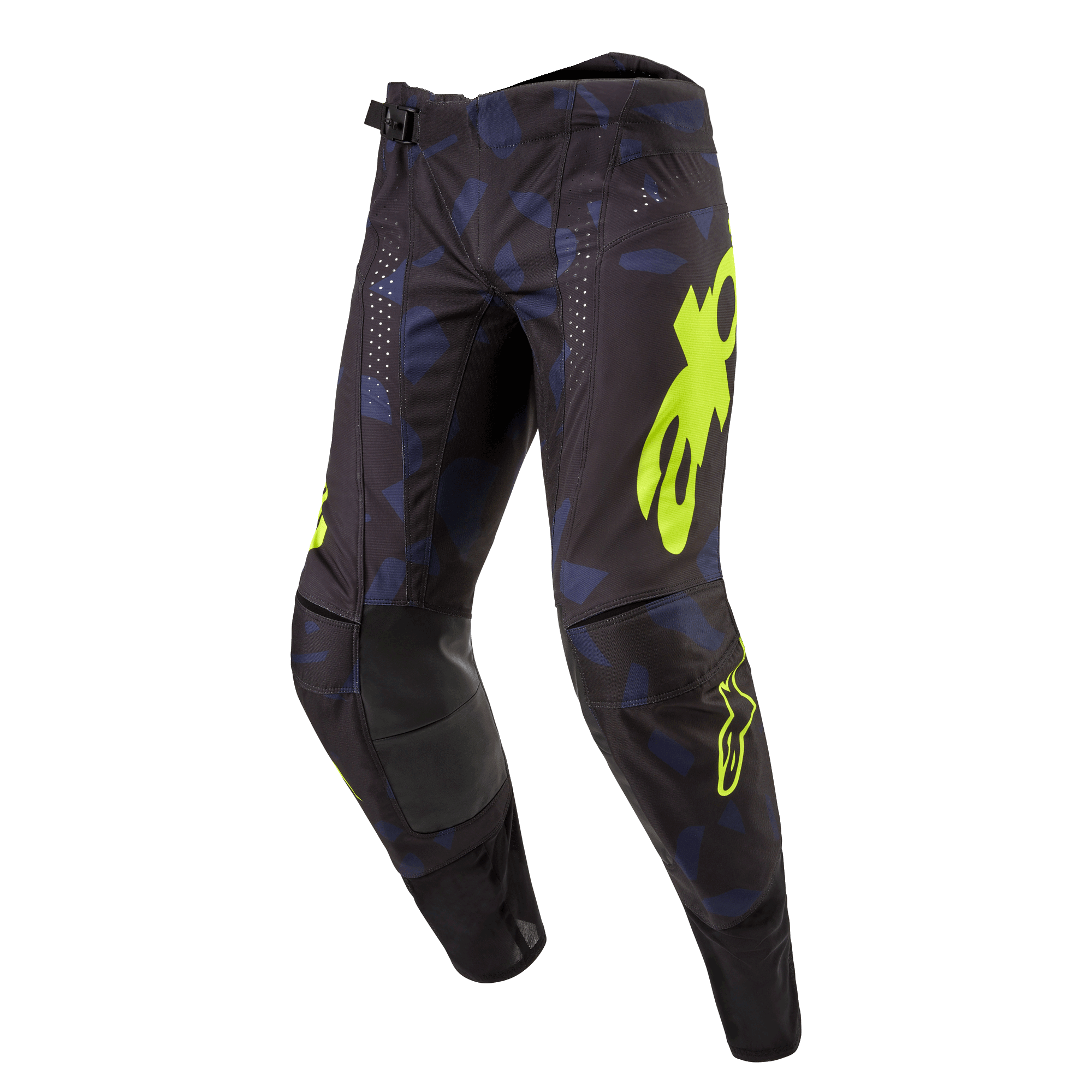 Alpinestars 2024 Techstar Rantera bukser, motocrossbukser, sort navy og gul fluo, med markant gult logo, laserskårne perforeringer til luftgennemstrømning og forstærkede knæpaneler, racing-inspireret design til motocross-performance