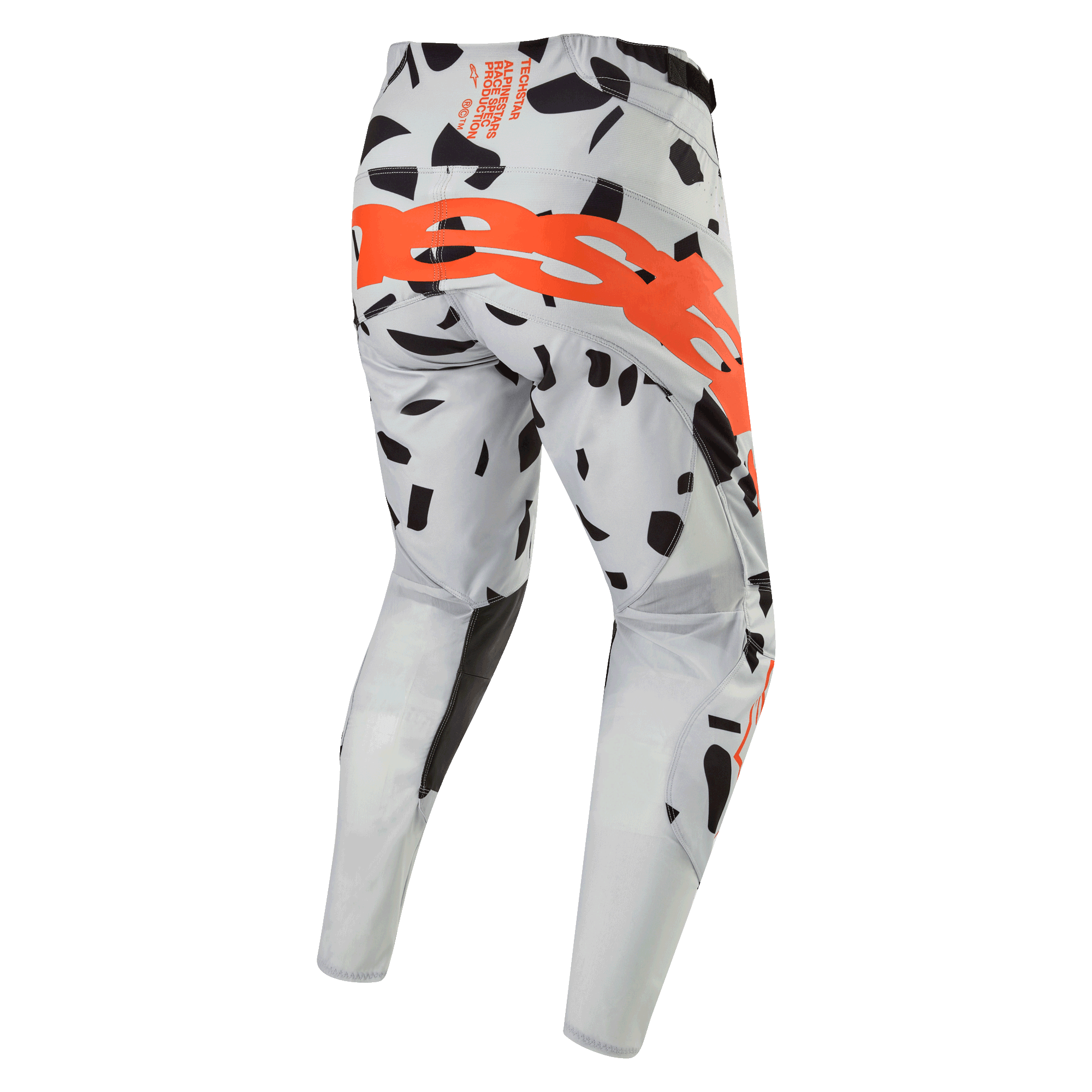 Alpinestars 2024 Techstar Rantera bukser, motocrossbukser, Haze Gray Camo, set bagfra med stort orange logo hen over sædet, sorte grafiske mønstre på gråt stof, atletisk design til off-road ydeevne
