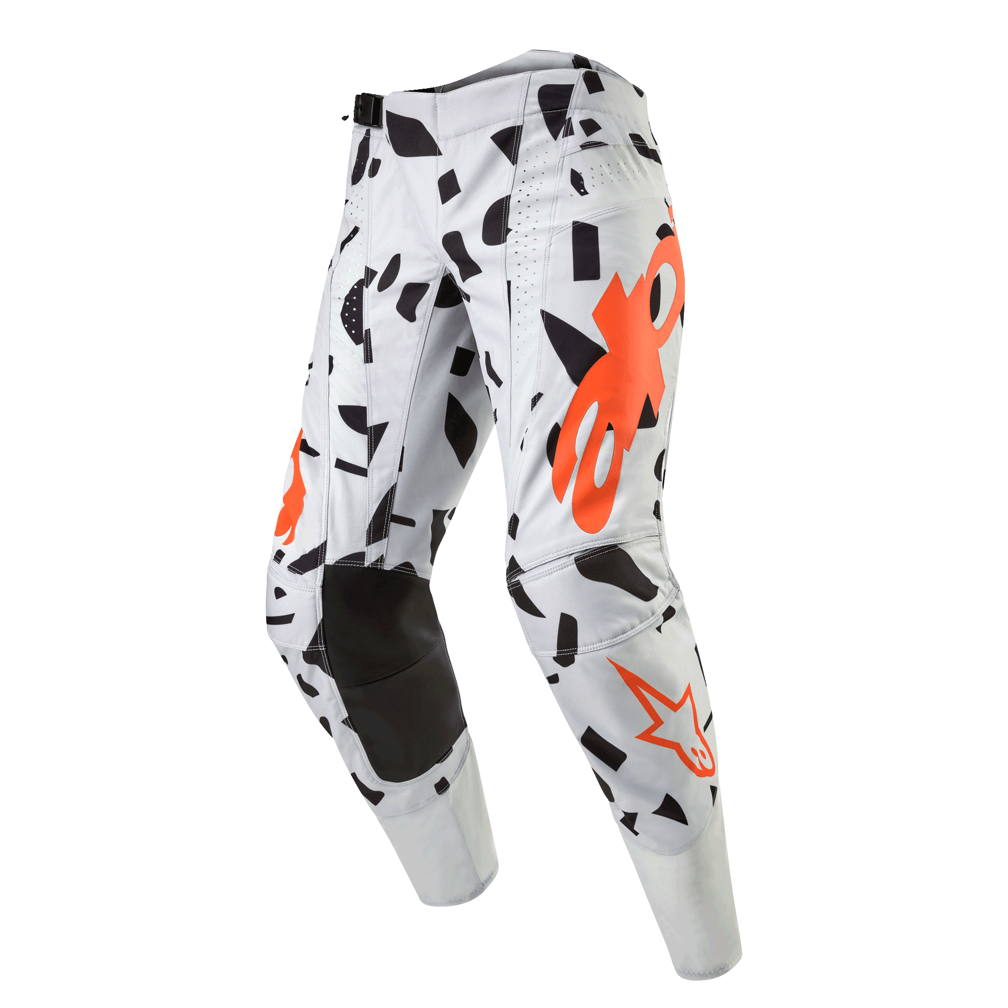 Alpinestars 2024 Techstar Rantera bukser, motocross-bukser, Haze Gray Camo, lysegrå med sorte abstrakte former og orange logoer, forstærkede sorte knæ, professionelt off-road racerudstyr