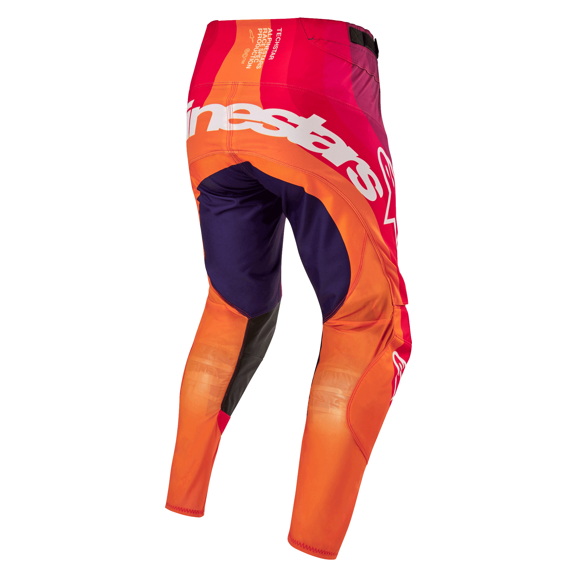 Alpinestars 2024 Techstar Pneuma bukser, motocross- og off-road bukser, dyb lilla, orange og mørkeblå, hvidt logo på bagsiden, teknisk design med høj åndbarhed og bevægelsesfrihed
