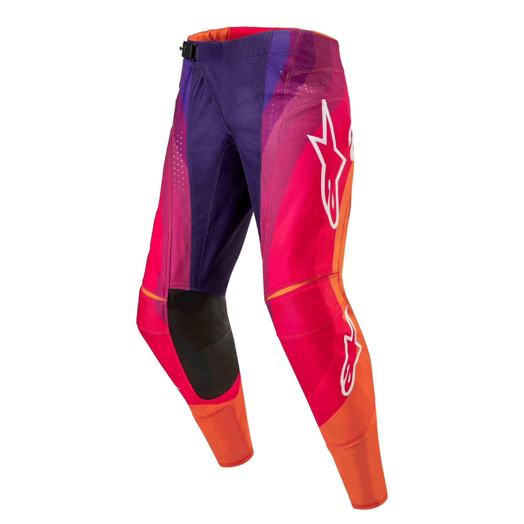 Alpinestars 2024 Techstar Pneuma bukser, motocross off-road bukser, mørkelilla, orange og mørkeblå, hvidt logo, holdbart og fleksibelt materiale, racerdesign