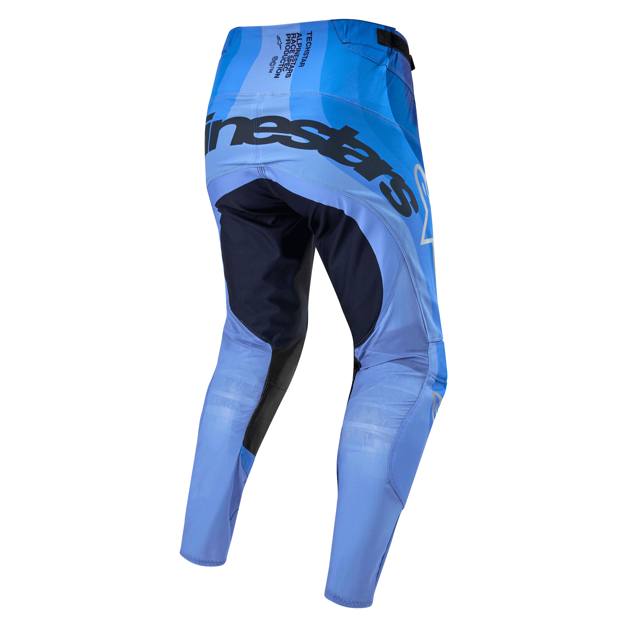 Alpinestars 2024 Techstar Pneuma bukser, motocrossbukser, mørkeblå og lyseblå, set bagfra med markant branding på sædet, mørkeblå forstærkede indvendige lårpaneler og letvægts lyseblåt chassis til off-road ydeevne
