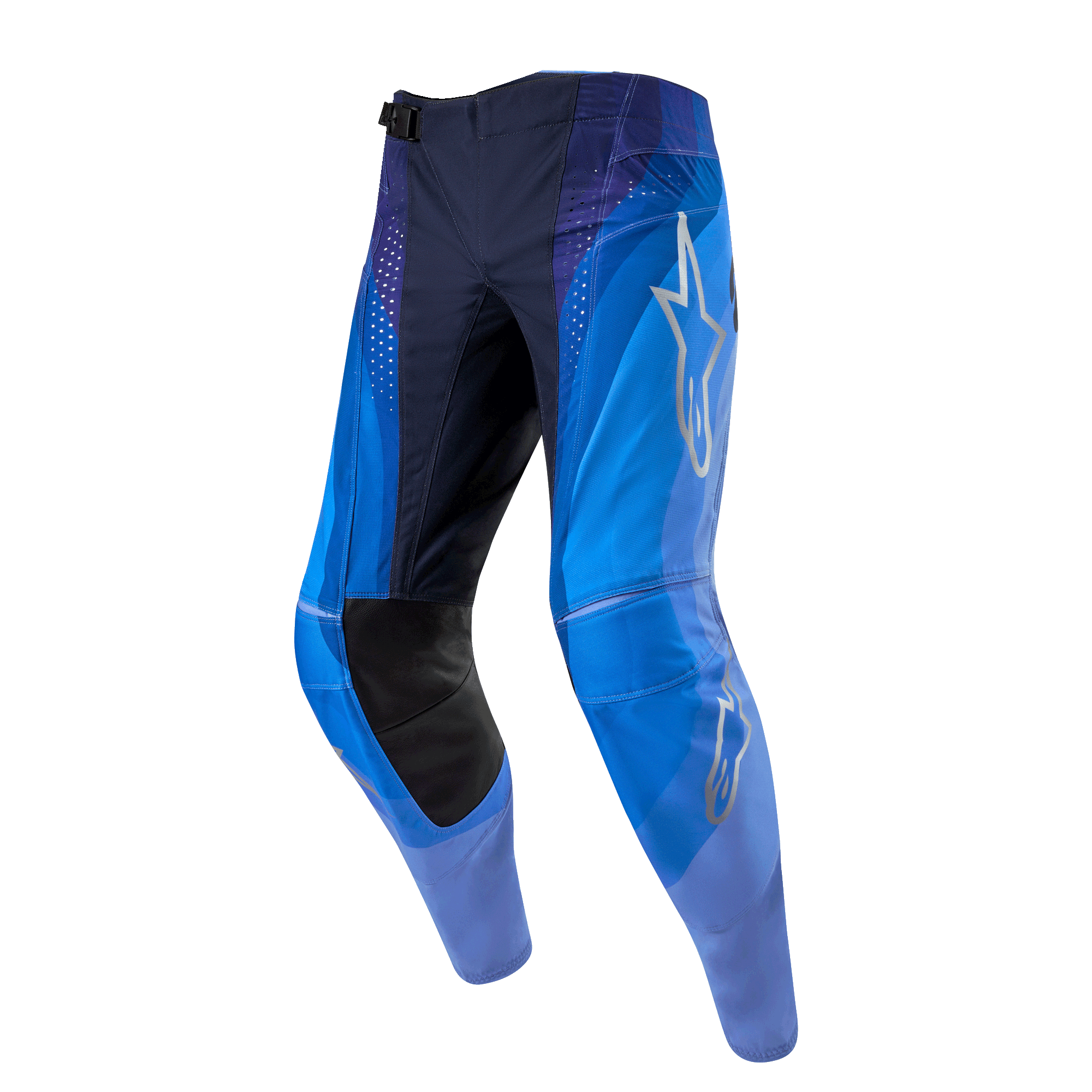 Alpinestars 2024 Techstar Pneuma bukser, motocross-bukser, mørkeblå og lyseblå, med et sølvfarvet Alpinestars stjerne-logo på låret, sorte læderpaneler på indersiden af knæene og laserskårne ventilationsperforeringer.