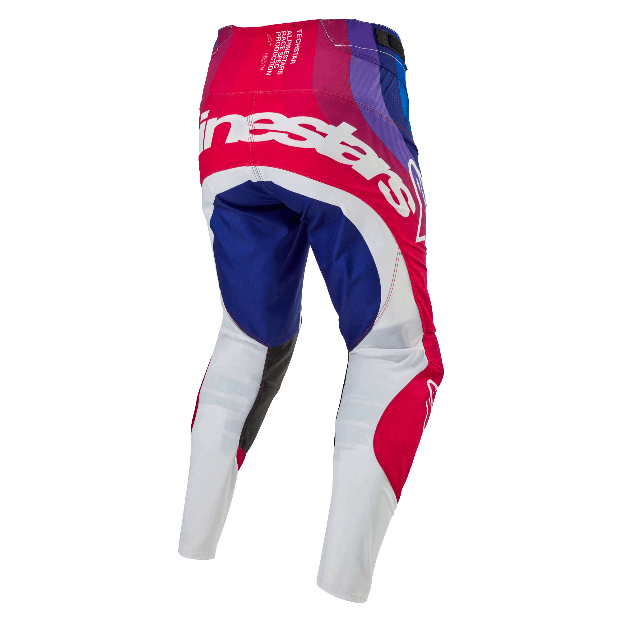Alpinestars 2024 Techstar Pneuma bukser, motocross-bukser, Blue Mars rød og hvid, set bagfra med stort hvidt Alpinestars-logo på tværs af bagen, blå og røde paneler med hvide underben, slidstærkt design til off-road konkurrence