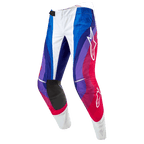 Alpinestars 2024 Techstar Pneuma bukser, motocrossbukser, Blu Mars Red White, med et dynamisk bølgemønster i blå, lilla og røde nuancer, hvide Alpinestars-logoer og slidstærke sorte indvendige knæpaneler