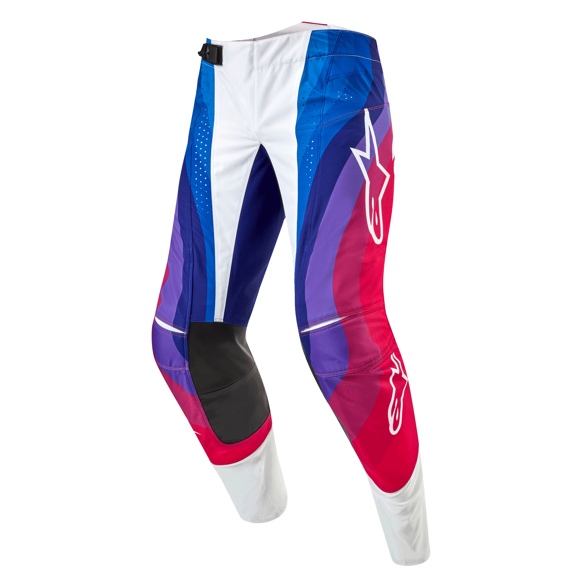 Alpinestars 2024 Techstar Pneuma bukser, motocrossbukser, Blu Mars Red White, med et dynamisk bølgemønster i blå, lilla og røde nuancer, hvide Alpinestars-logoer og slidstærke sorte indvendige knæpaneler
