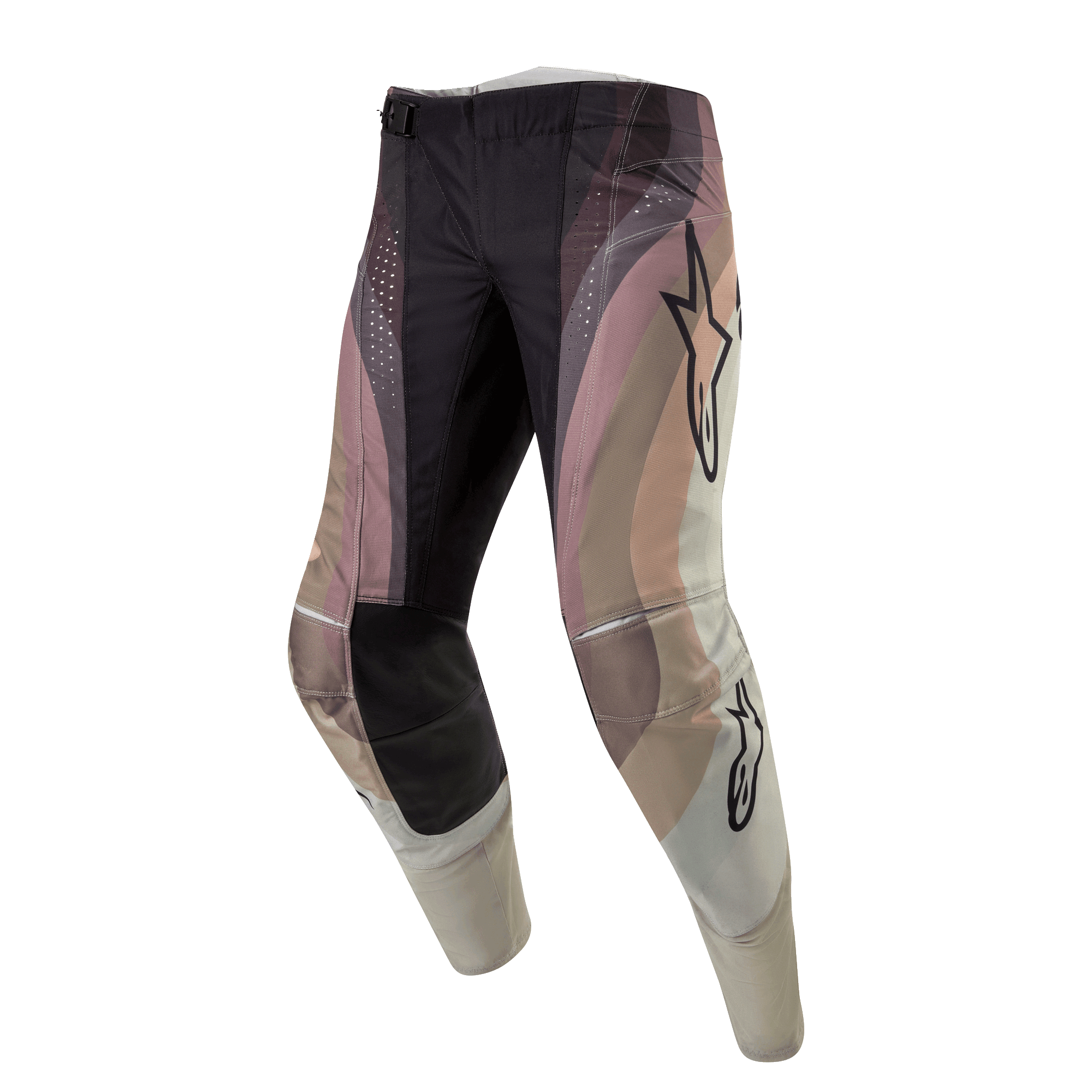 Alpinestars 2024 Techstar Pneuma bukser, motocrossbukser, Dark Sand, Iron Dust og grå, med et bølgeformet farveopdelt design, Alpinestars stjernelogoer, sorte forstærkede knæpaneler og laserudskårne perforeringer, slidstærkt off-road racingudstyr