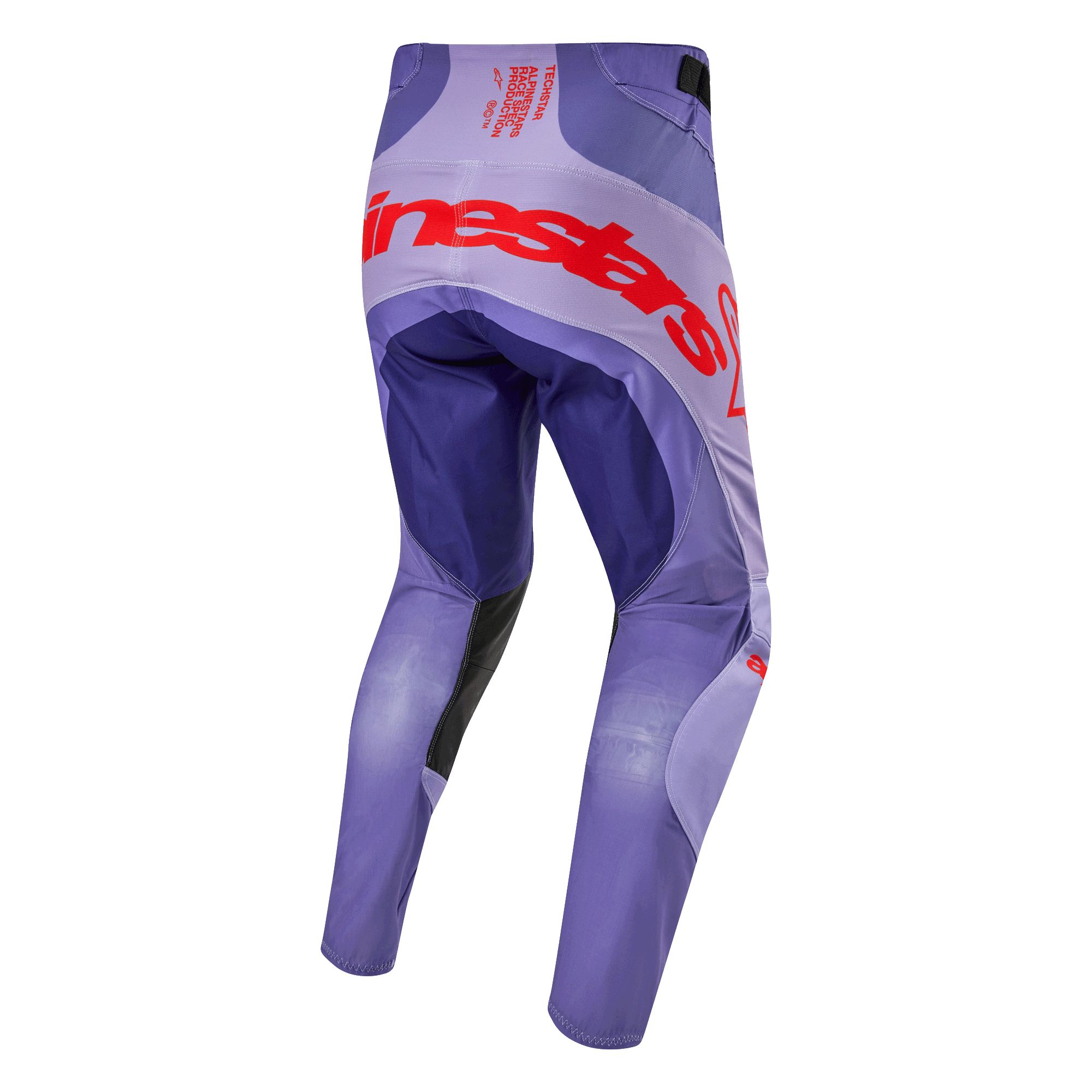 Alpinestars 2024 Techstar Ocuri bukser, motocross off-road bukser, lilla med røde logodetaljer, set bagfra, racer-inspireret snit, holdbart og åndbart materiale til terrænkørsel