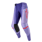 Alpinestars 2024 Techstar Ocuri bukser, motocross terrænbukser, lilla med neon orange detaljer, røde logoer, sorte læderpaneler på knæene, magnetisk SX2-spænde, holdbart off-road racerudstyr