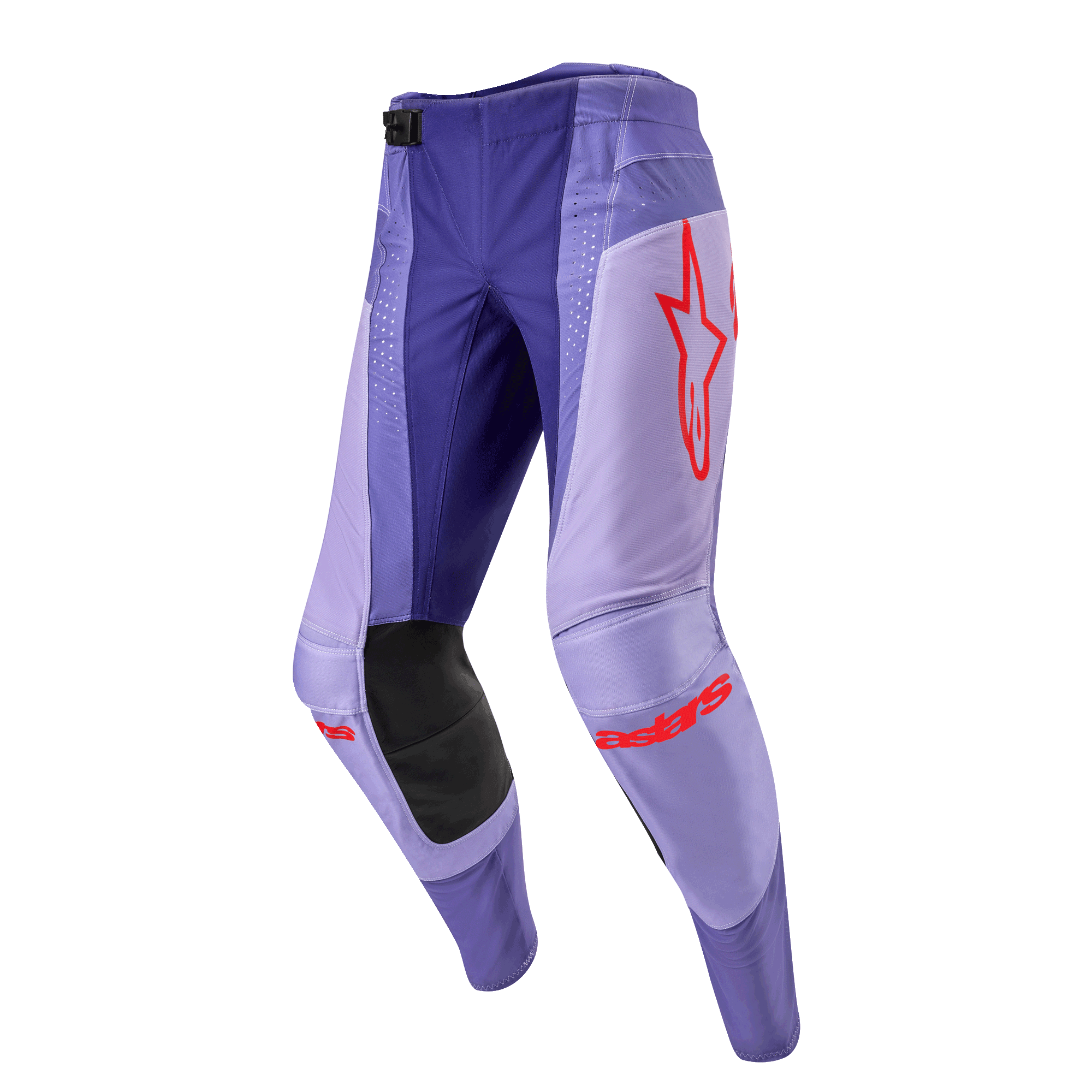 Alpinestars 2024 Techstar Ocuri bukser, motocross terrænbukser, lilla med neon orange detaljer, røde logoer, sorte læderpaneler på knæene, magnetisk SX2-spænde, holdbart off-road racerudstyr