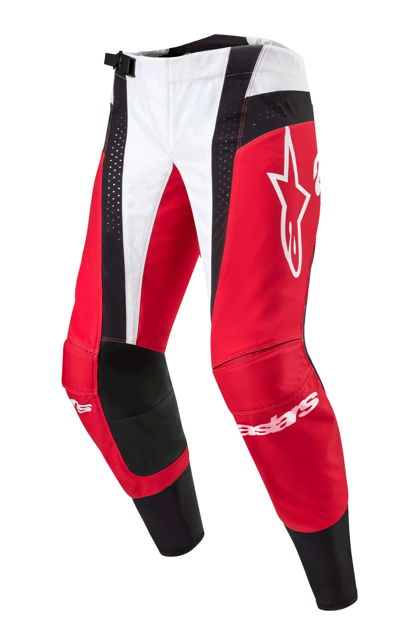 Alpinestars 2024 Techstar Ocuri bukser, motocrossbukser, Mars rød, hvid og sort, med røde og hvide paneler med sorte perforerede detaljer, stort hvidt Astar-logo på låret, Alpinestars-branding på skinnebenene, holdbart design til off-road racing
