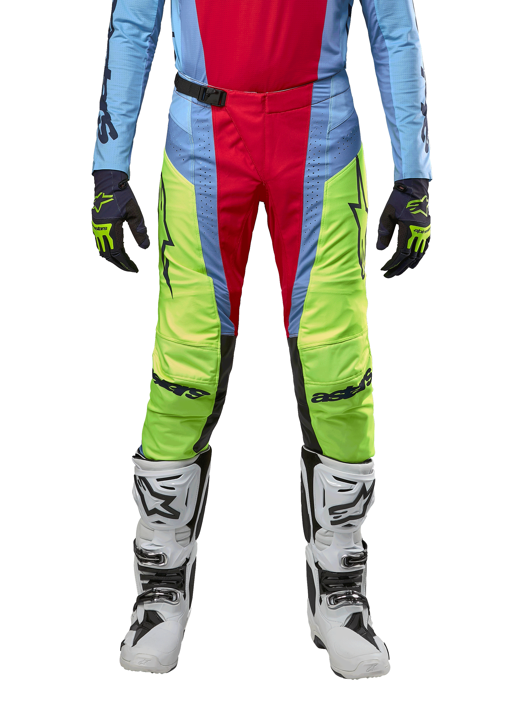 Alpinestars 2024 Techstar Ocuri Pants, Motocross Pants, Light Blue, Yellow Fluo, and Red Berry, worn with matching jersey and white motocross boots, featuring vibrant color-blocked panels and black logos, durable racing-fit design
