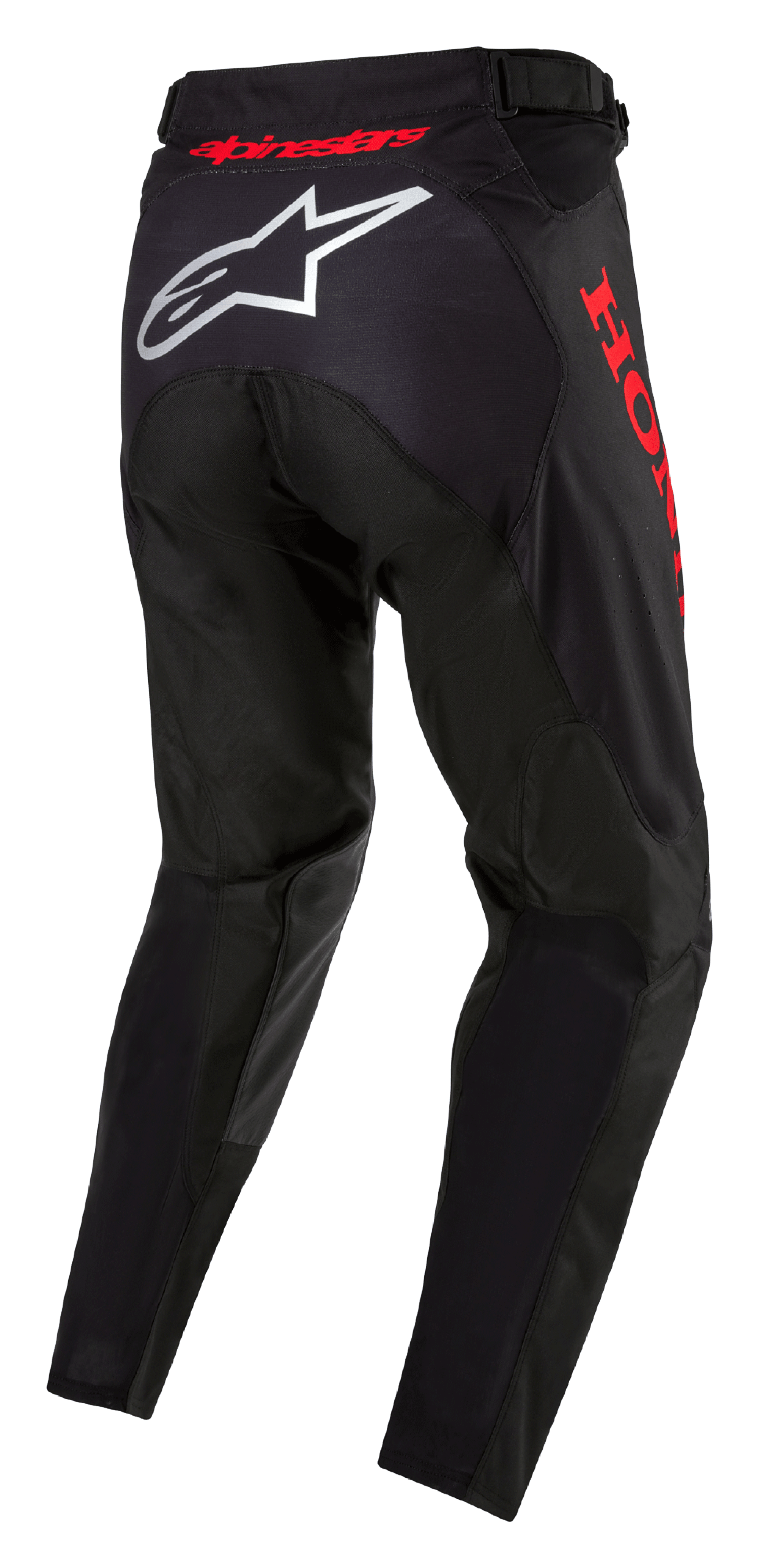 Honda Racer Iconic bukser, motocrossbukser, sort og rød, set bagfra med hvidt Alpinestars-logo på sædet og rød Honda-branding på siden, ergonomisk design med rødt logo i taljen til off-road racing