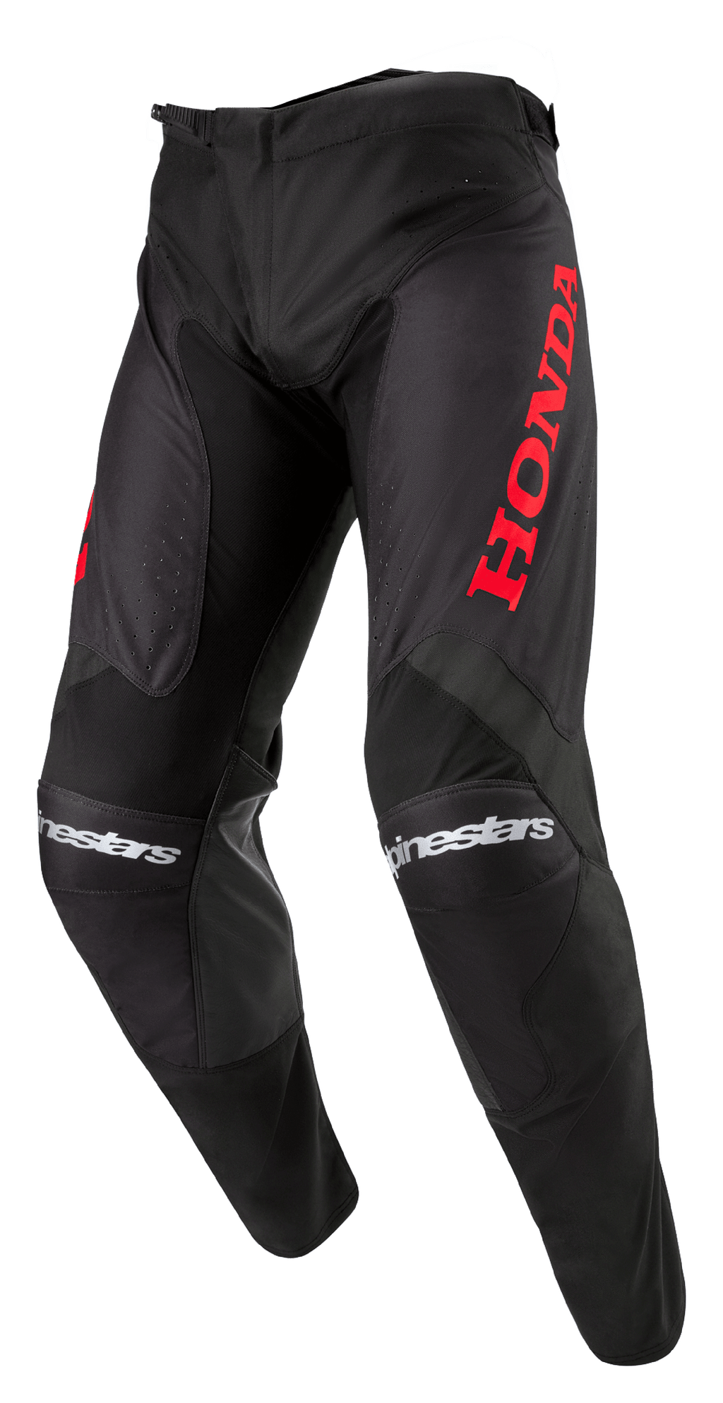 Alpinestars Honda Racer Iconic bukser, motocrossbukser, sort med rød branding, med et stort rødt Honda-logo på låret og hvid Alpinestars-tekst på knæene, sportssnit til off-road performance