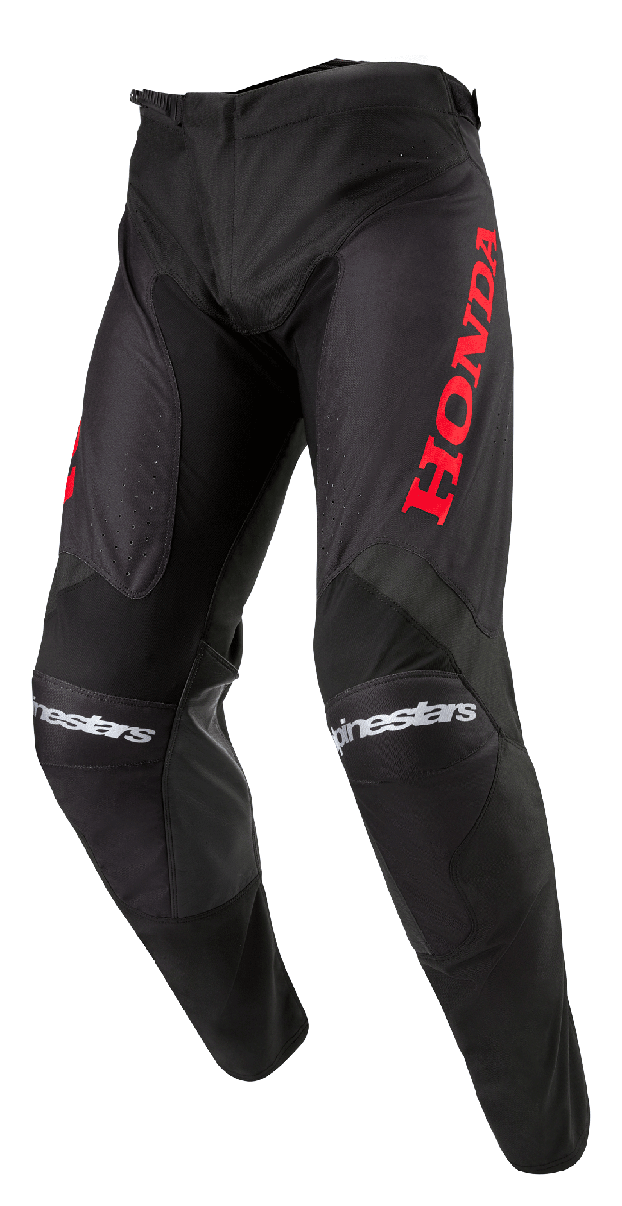 Alpinestars Honda Racer Iconic bukser, motocrossbukser, sort med rød branding, med et stort rødt Honda-logo på låret og hvid Alpinestars-tekst på knæene, sportssnit til off-road performance