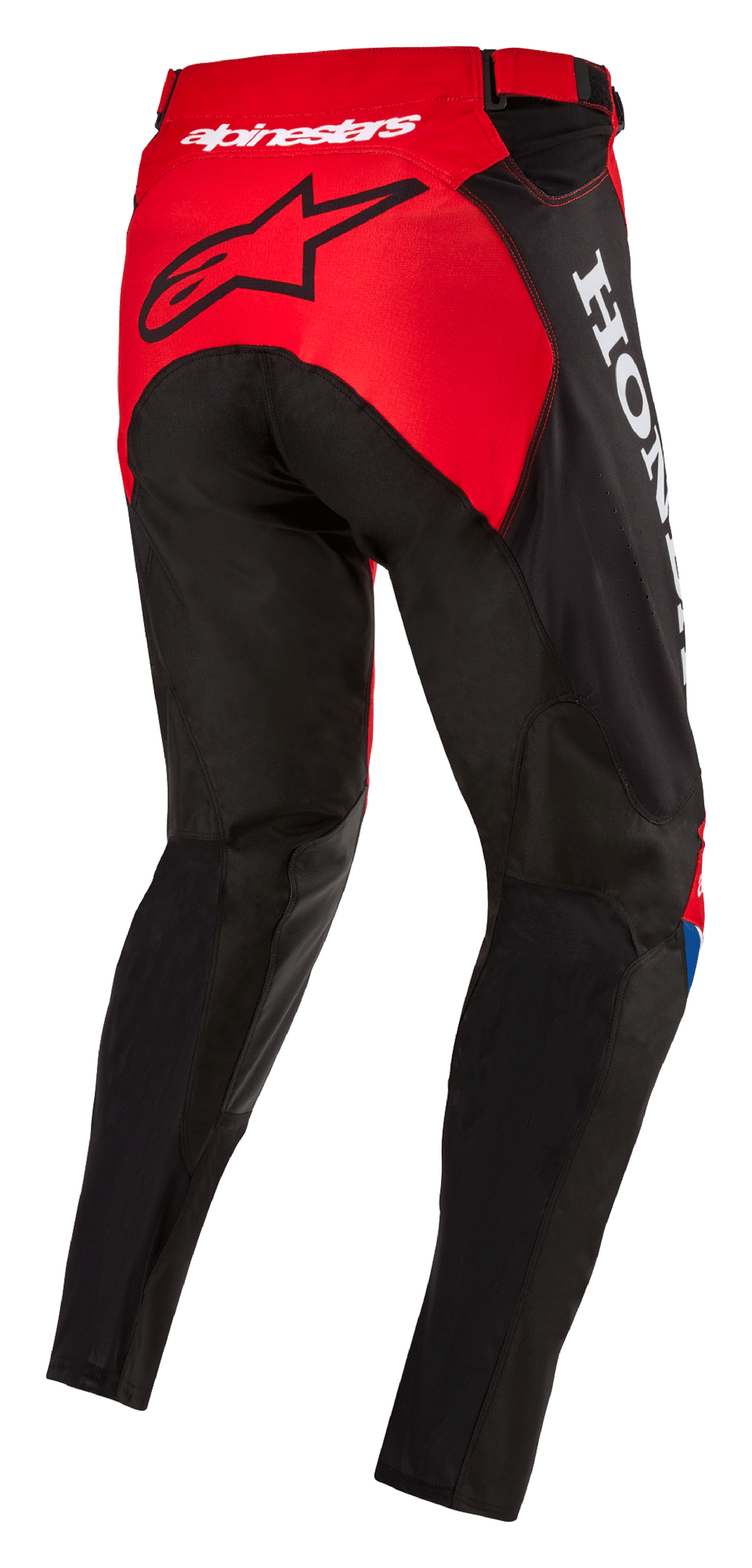 Alpinestars Honda Racer Iconic bukser, motocross-bukser, lys rød, sort og hvid, set bagfra fra siden med rødt sædepanel og sort stjernelogo, hvid Honda-branding på siden, holdbar tekstilkonstruktion i sports-snit til off-road racing