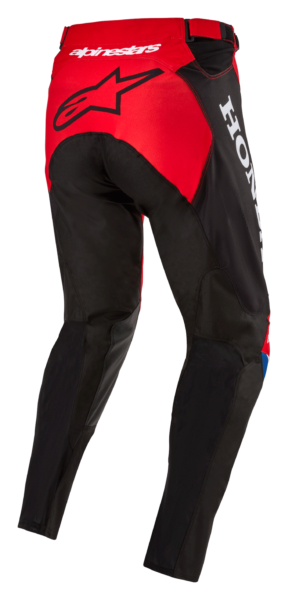 Alpinestars Honda Racer Iconic bukser, motocross-bukser, lys rød, sort og hvid, set bagfra fra siden med rødt sædepanel og sort stjernelogo, hvid Honda-branding på siden, holdbar tekstilkonstruktion i sports-snit til off-road racing