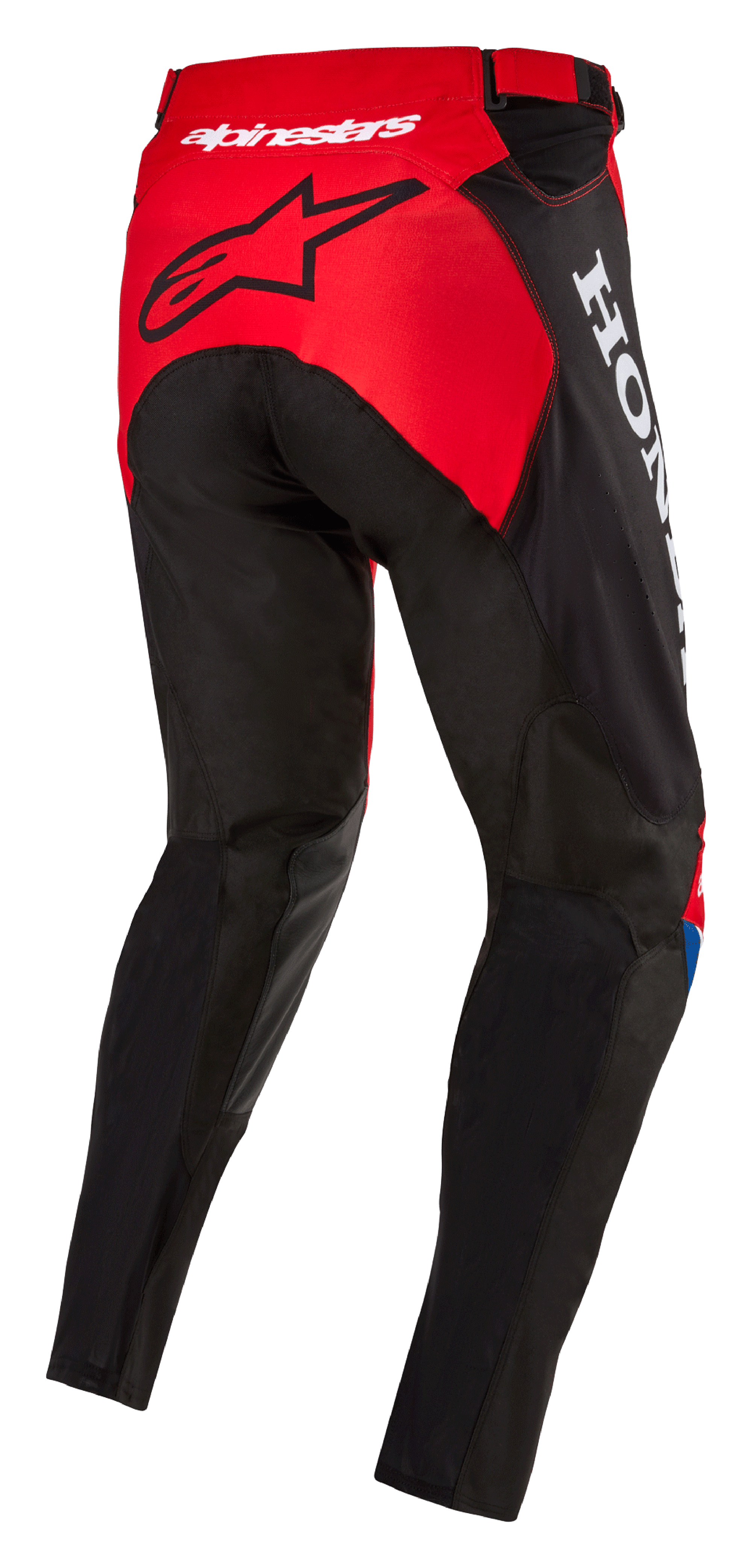 Alpinestars Honda Racer Iconic bukser, motocross-bukser, lys rød, sort og hvid, set bagfra fra siden med rødt sædepanel og sort stjernelogo, hvid Honda-branding på siden, holdbar tekstilkonstruktion i sports-snit til off-road racing