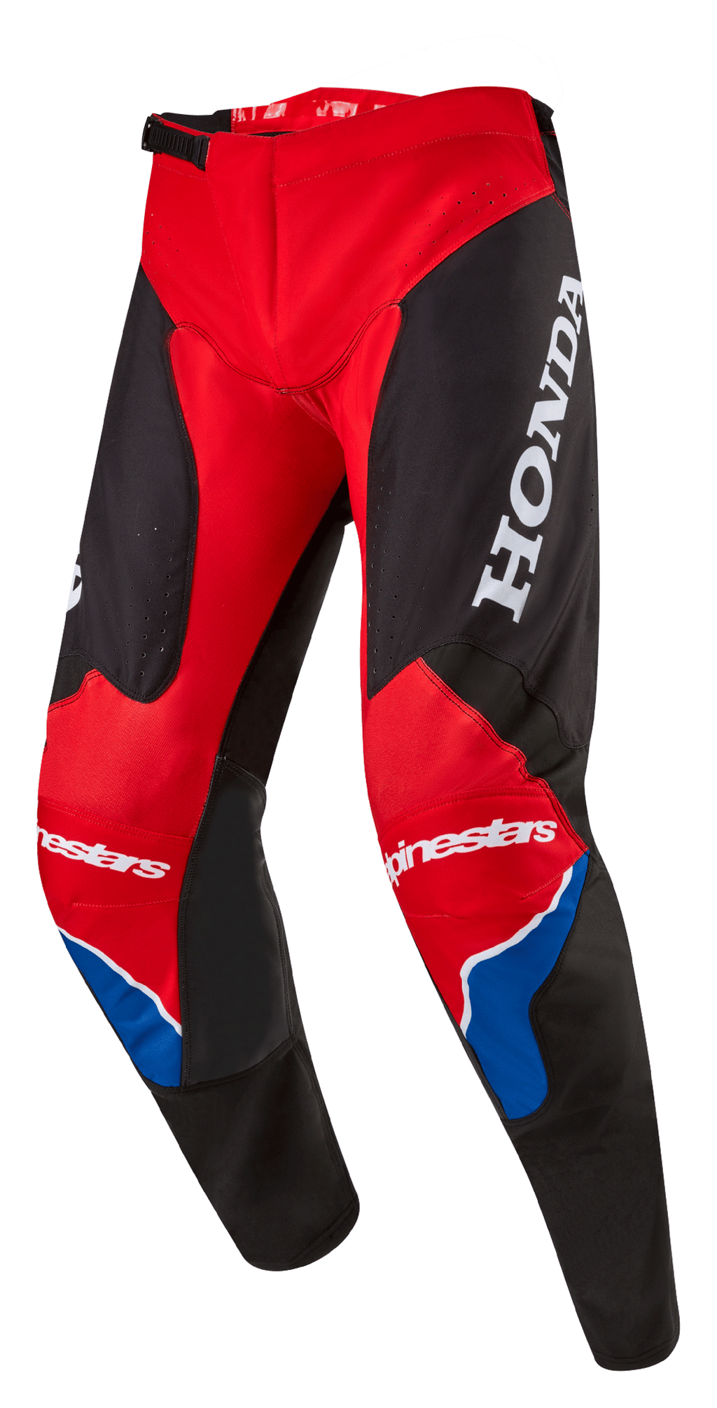 Alpinestars Honda Racer Iconic bukser, motocross-bukser, rød, sort og hvid med blå detaljer, stort hvidt HONDA-logo på låret, Alpinestars-branding på knæene, ergonomisk forformet benkonstruktion og justerbar skraldelukning i taljen.