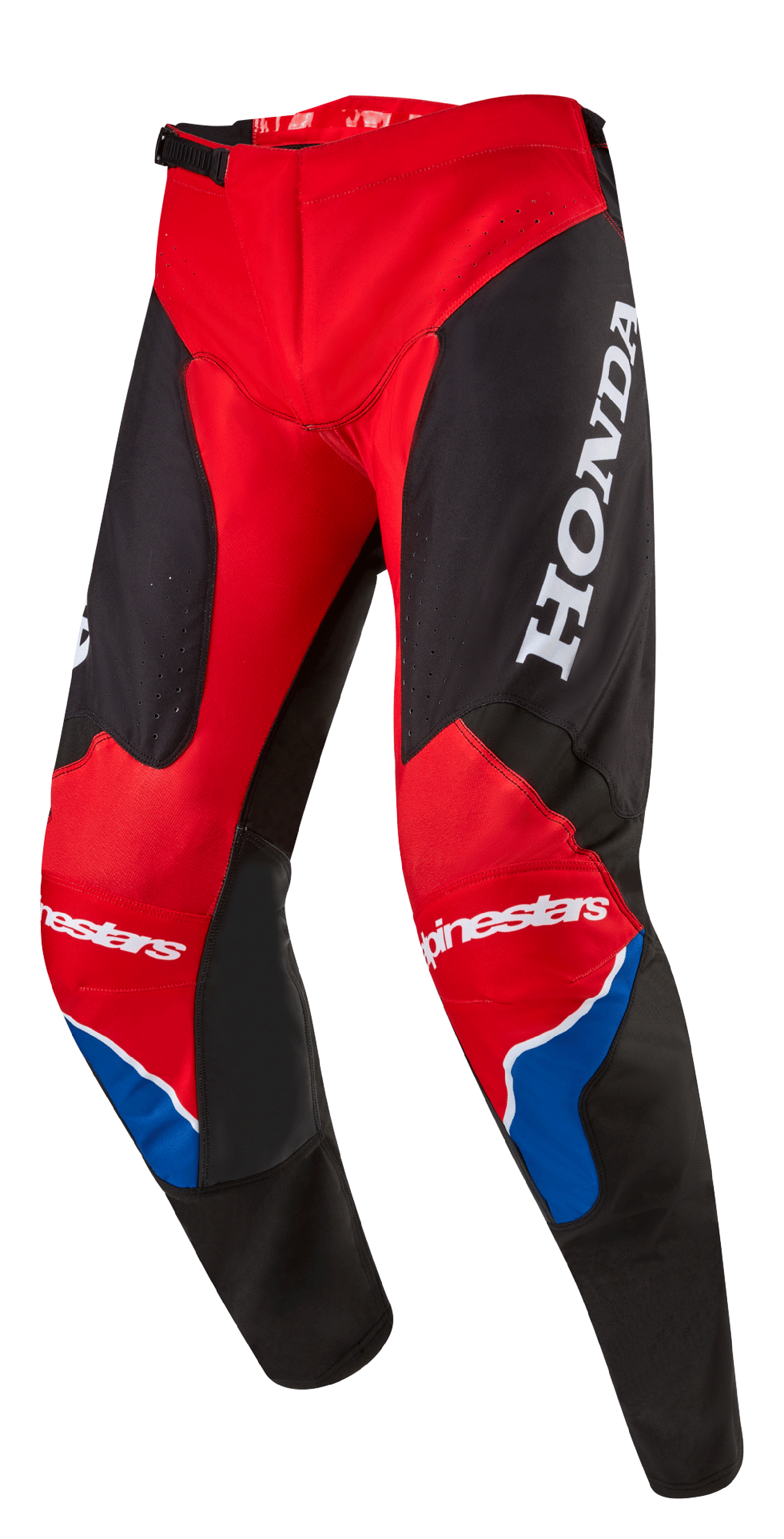 Alpinestars Honda Racer Iconic bukser, motocross-bukser, rød, sort og hvid med blå detaljer, stort hvidt HONDA-logo på låret, Alpinestars-branding på knæene, ergonomisk forformet benkonstruktion og justerbar skraldelukning i taljen.