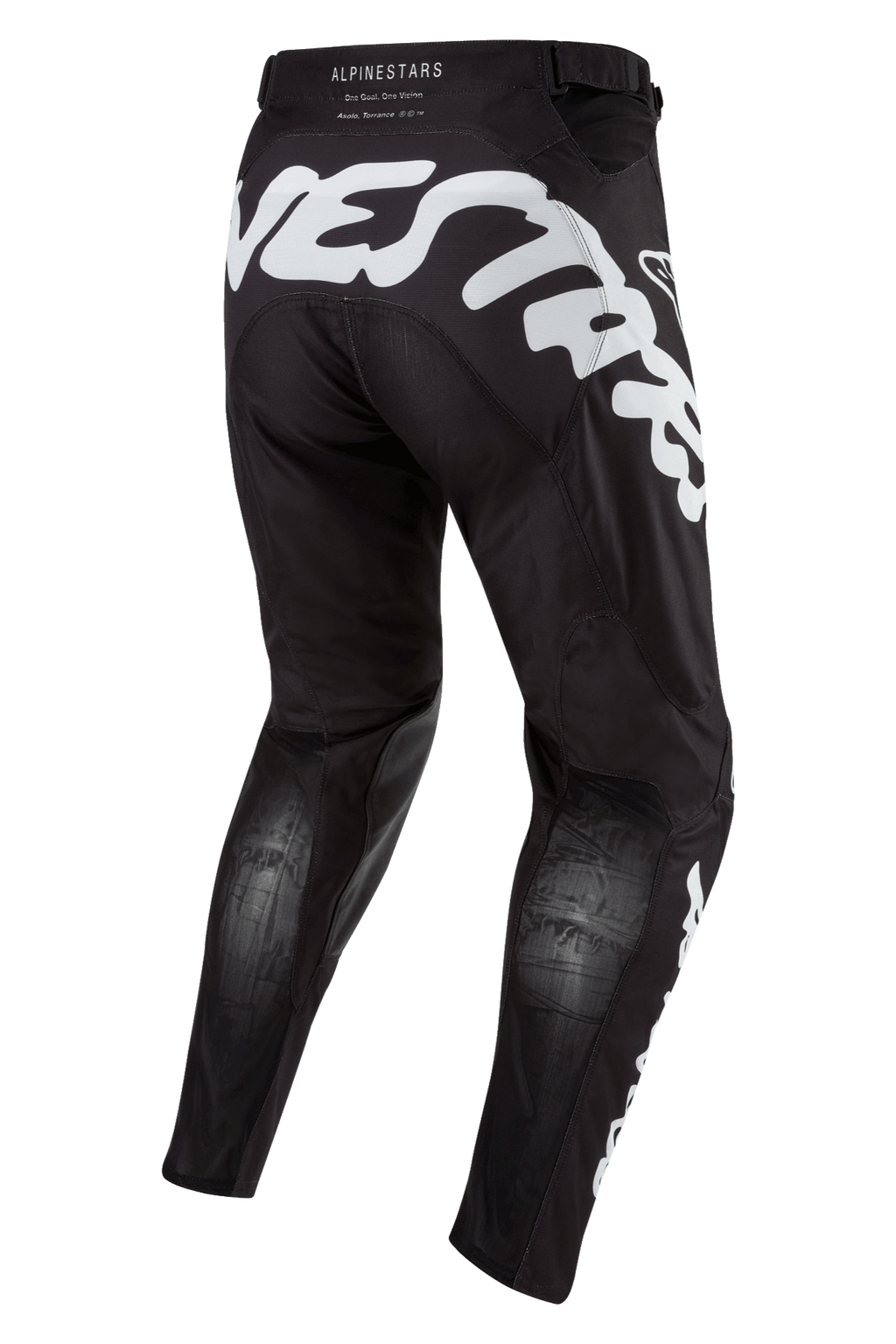 Alpinestars 2024 Racer Hana bukser, motocross- og terrænbukser, sort og hvid, set bagfra med stor hvid grafik, ergonomisk design med strækpaneler og forstærket materiale