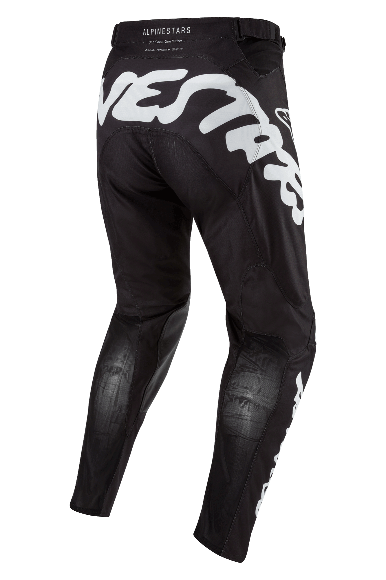 Alpinestars 2024 Racer Hana bukser, motocross- og terrænbukser, sort og hvid, set bagfra med stor hvid grafik, ergonomisk design med strækpaneler og forstærket materiale