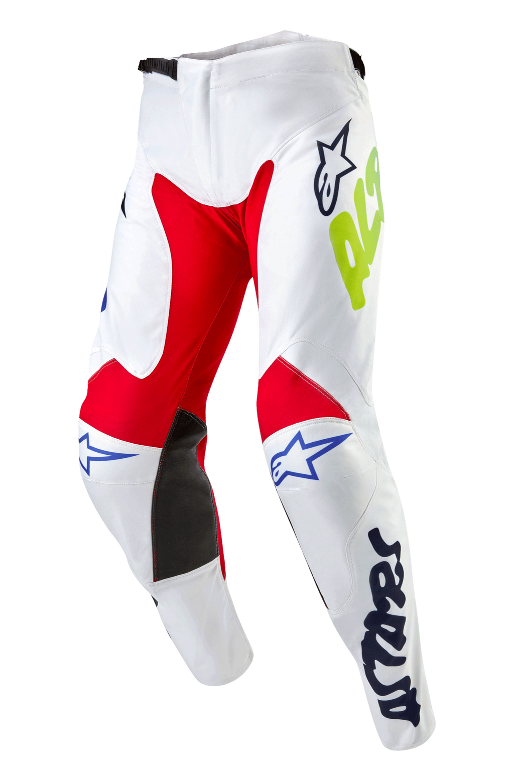 Alpinestars 2024 Racer Hana bukser, motocross-bukser, hvid multifarvet, med røde og sorte indvendige knæpaneler, blå Astars-logoer og neongul branding, forbuede ben med skraldelukning i taljen, holdbart tekstiludstyr til terrænkørsel