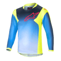 Alpinestars Kids 2024 Racer Graphic 1 Jersey, Youth Motocross Long-Sleeve Jersey, Blue and Neon Yellow, featuring a blue gradient design with a red logo on the chest, neon yellow side panels and collar, lightweight performance fabric