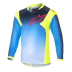 Alpinestars Kids 2024 Racer Graphic 1 Jersey, Youth Motocross Long-Sleeve Jersey, Blue and Neon Yellow, featuring a blue gradient design with a red logo on the chest, neon yellow side panels and collar, lightweight performance fabric
