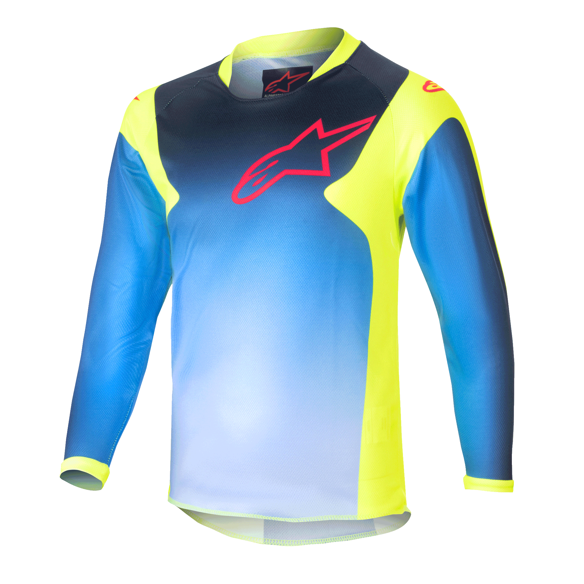 Alpinestars Kids 2024 Racer Graphic 1 Jersey, langærmet motocross-trøje til børn, blå og neongul, blåt gradient-design med rødt logo på brystet, neongule sidepaneler og krave, letvægts performance-materiale