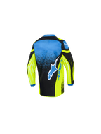 Alpinestars 2026 Kids Racer Nomur Jersey, motocross trøje, gul, blå og sort, set bagfra med et stort blå-hvidt stjernelogo, gradueret nistret mønster og forlænget rygstykke til off-road kørsel