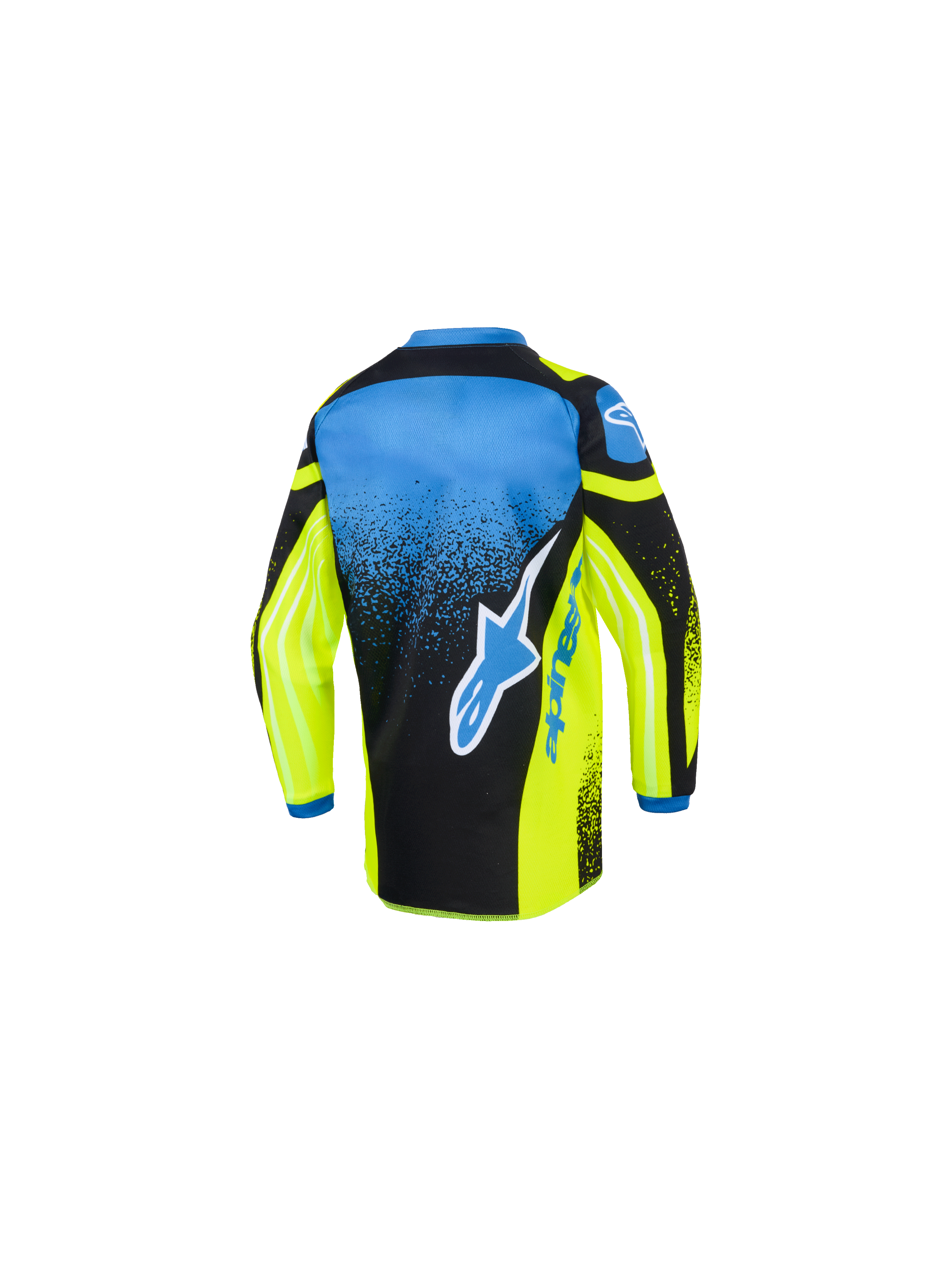 Alpinestars 2026 Kids Racer Nomur Jersey, motocross trøje, gul, blå og sort, set bagfra med et stort blå-hvidt stjernelogo, gradueret nistret mønster og forlænget rygstykke til off-road kørsel