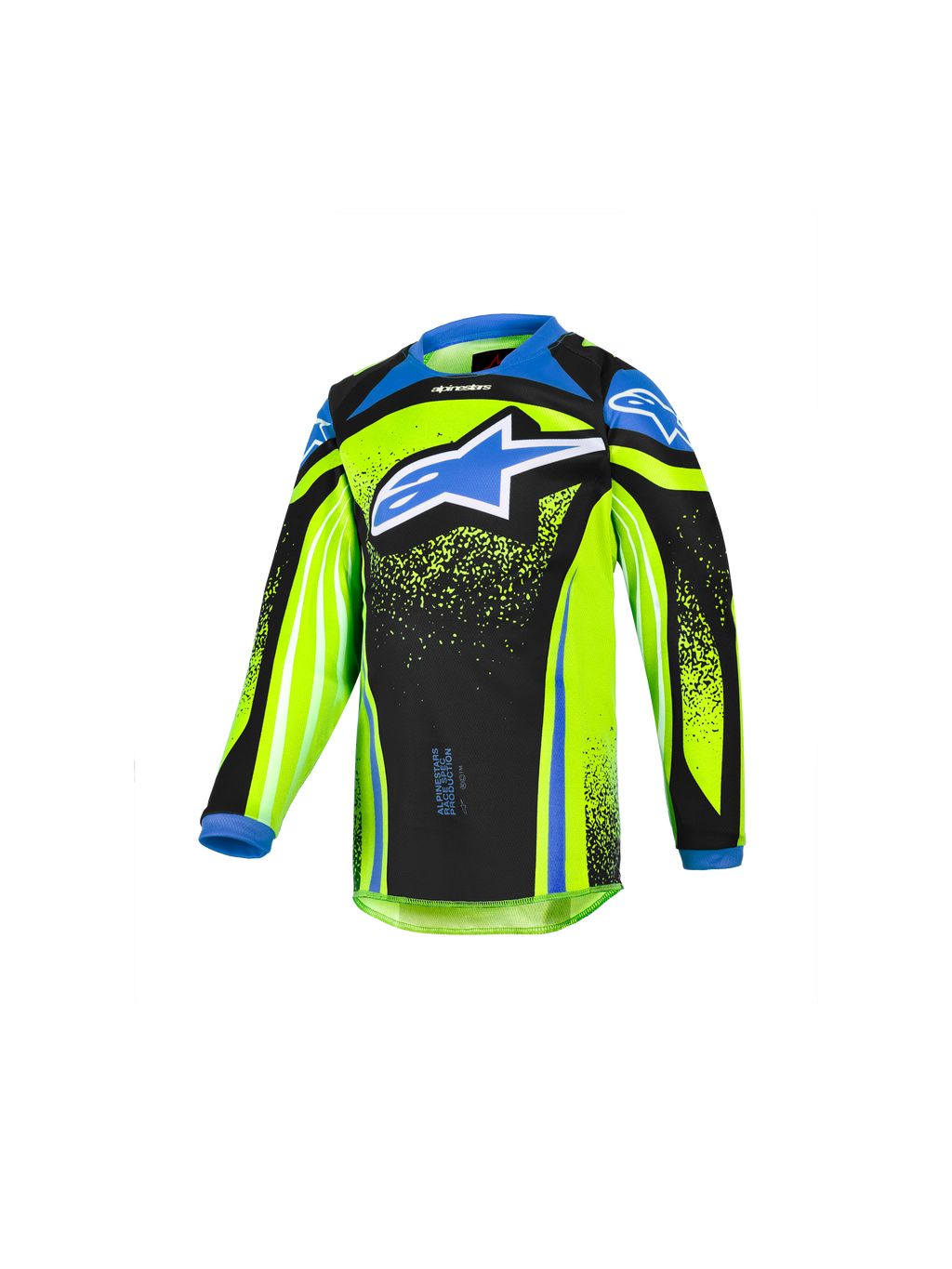 Alpinestars 2026 Kids Racer Nomur Jersey, langærmet motocross-trøje til børn, neongul og sort med blå detaljer, stort blåt stjernelogo på brystet, let og fugttransporterende materiale til off-road kørsel