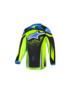Alpinestars 2026 Kids Racer Nomur Jersey, langærmet motocross-trøje til børn, neongul og sort med blå detaljer, stort blåt stjernelogo på brystet, let og fugttransporterende materiale til off-road kørsel