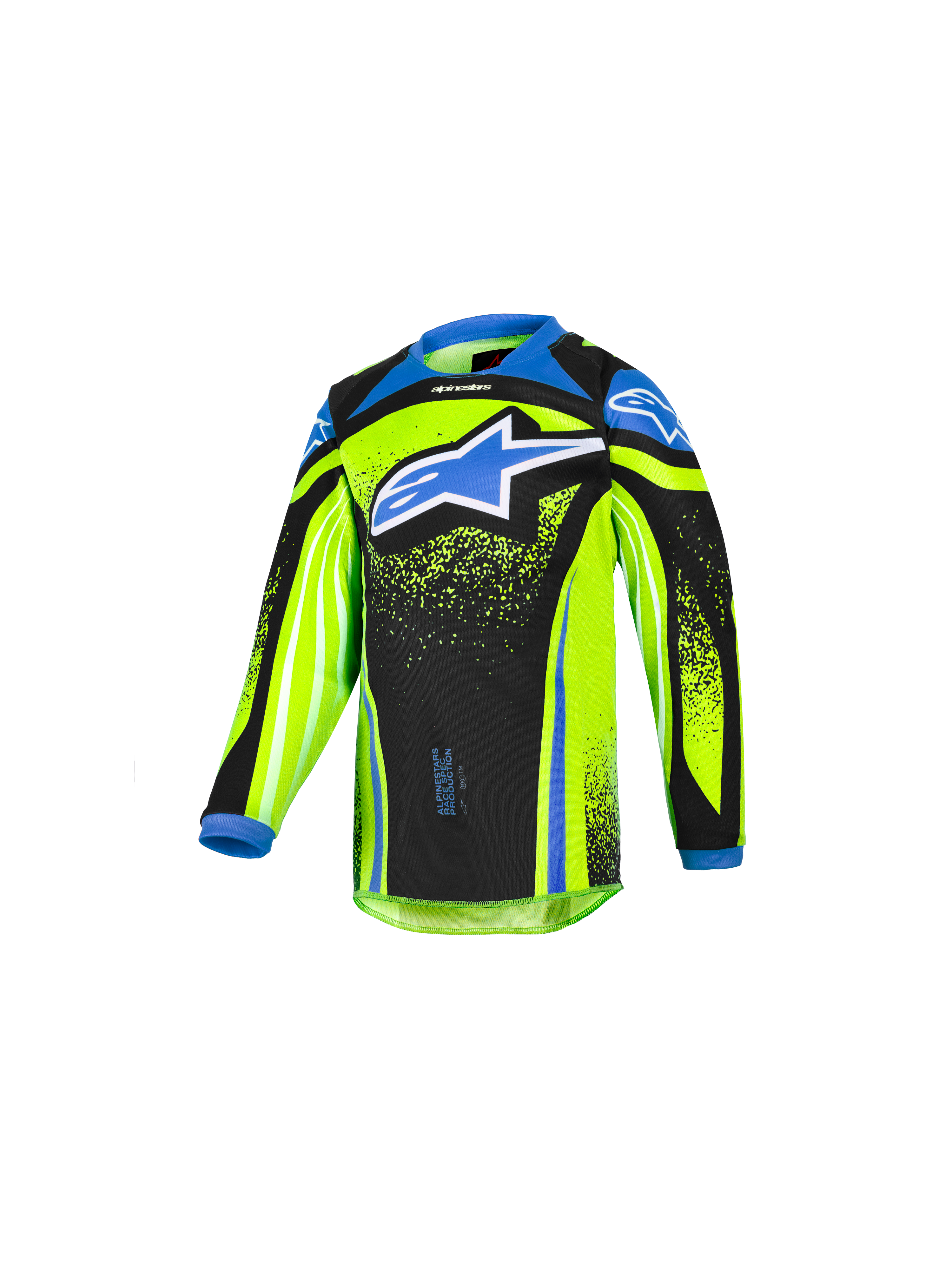 Alpinestars 2026 Kids Racer Nomur Jersey, langærmet motocross-trøje til børn, neongul og sort med blå detaljer, stort blåt stjernelogo på brystet, let og fugttransporterende materiale til off-road kørsel