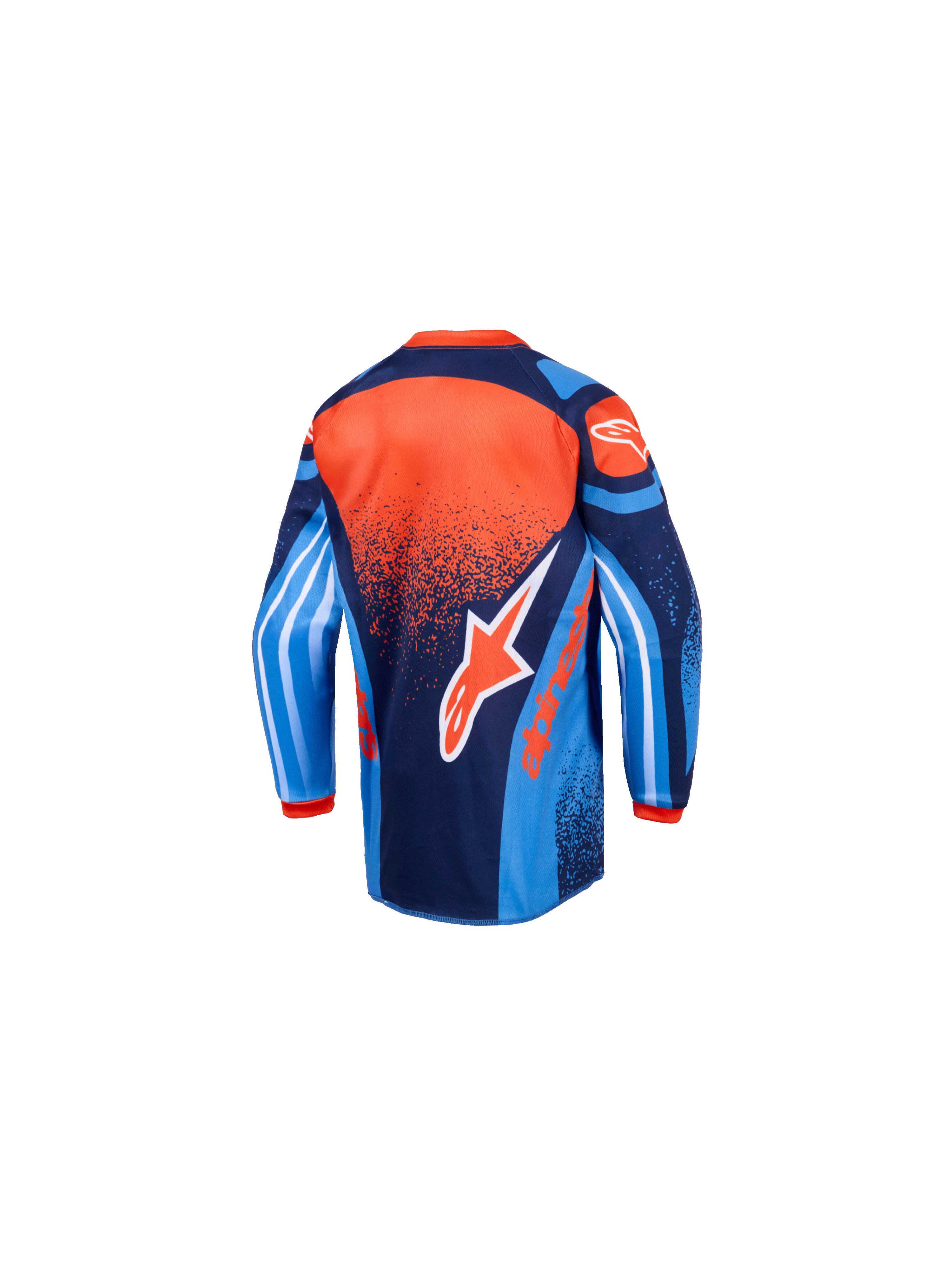 Alpinestars 2026 Kids Racer Nomur Jersey, motocross-trøje, mørkeblå, orange og UCLA-blå, set bagfra, med stort Alpinestars-branding, forlænget rygstykke og ærmer med levende grafik til off-road kørsel for børn.